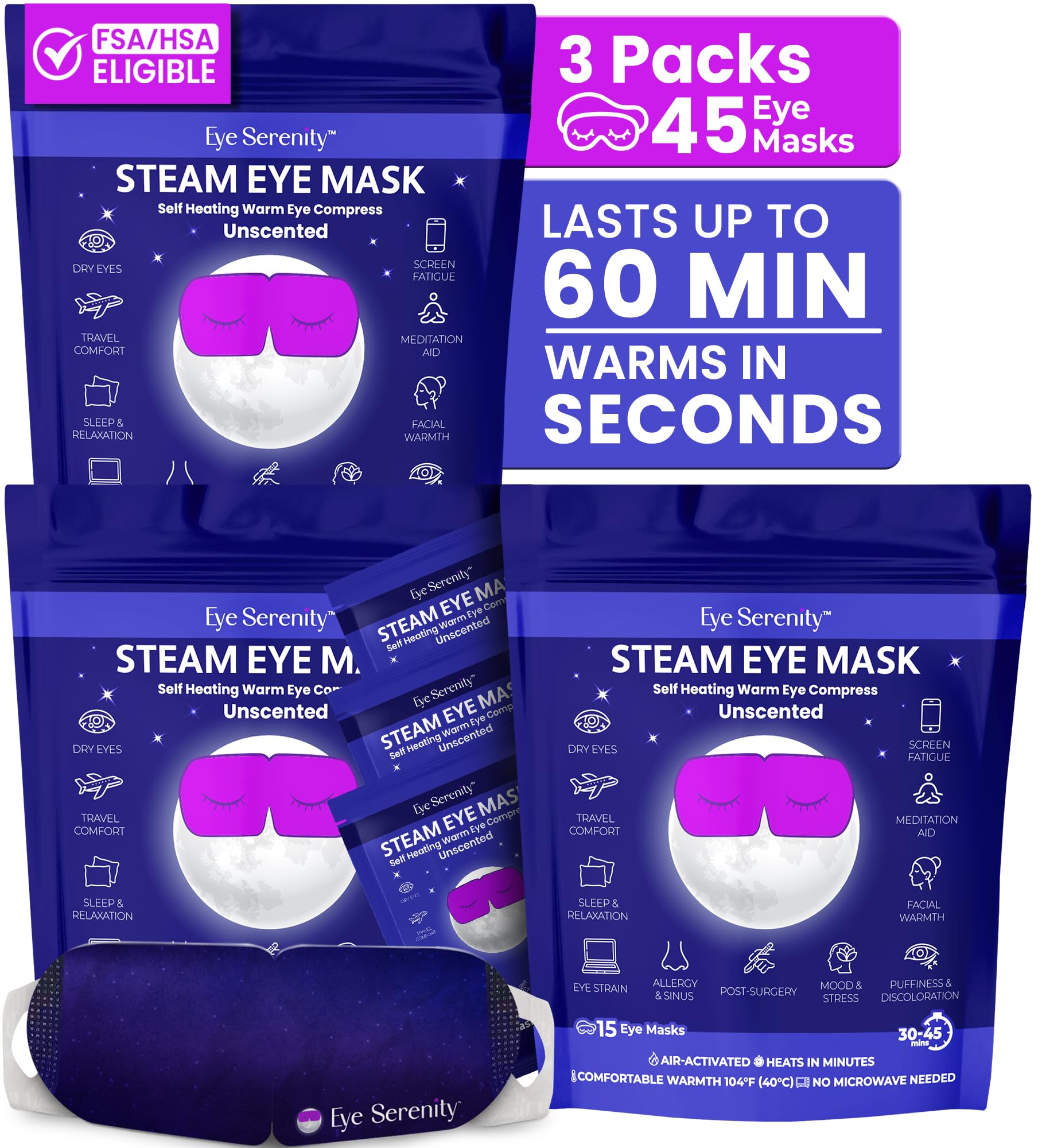 Eye Serenity Steam Eye Mask - Self-Heating Warm Compress for Dry Eye Relief - Unscented Disposable Eye Mask for Travel & Sleep (45 Pack)