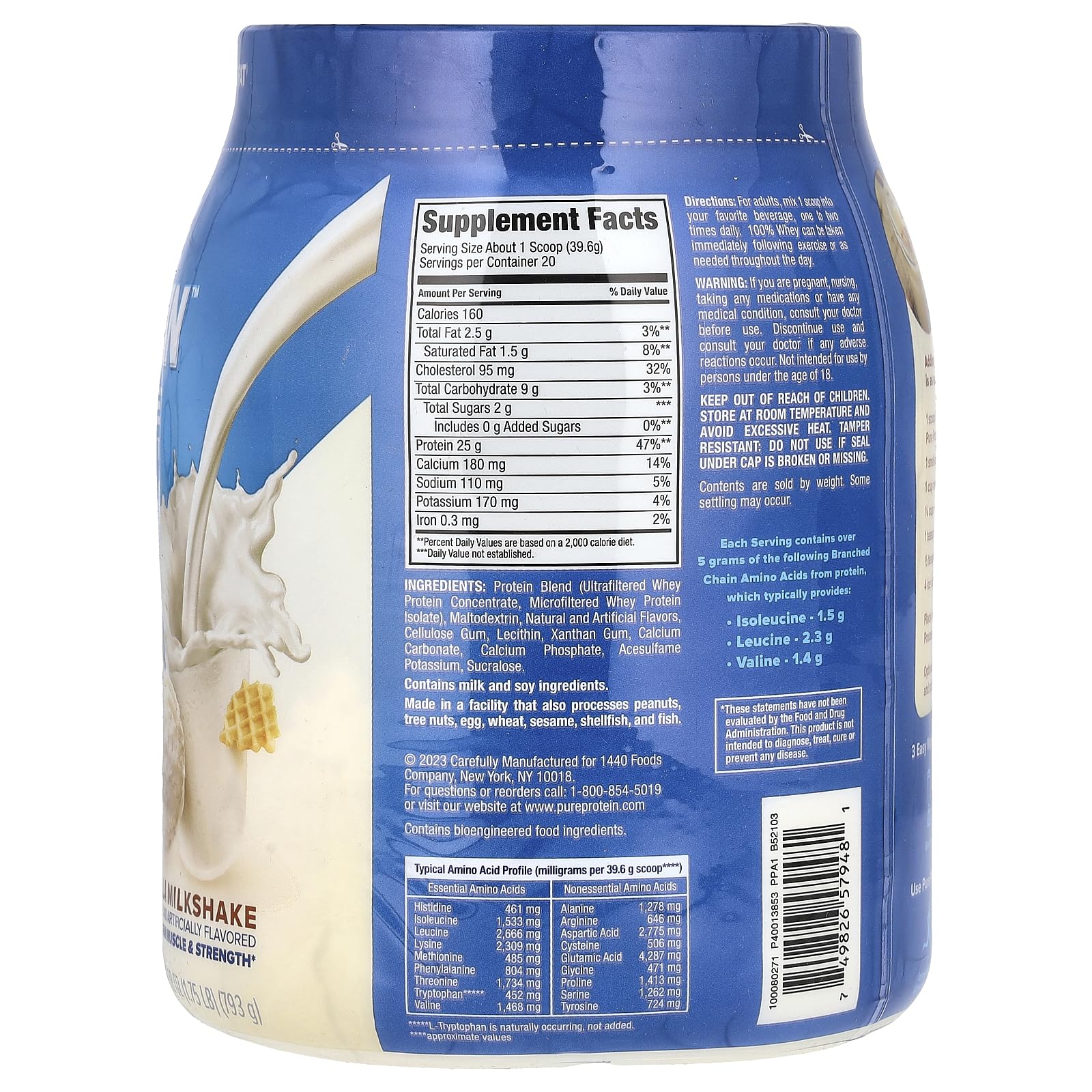 Pure Protein Powder, Whey, High Protein, Low Sugar, Gluten Free, Vanilla Cream, 1.75 lbs