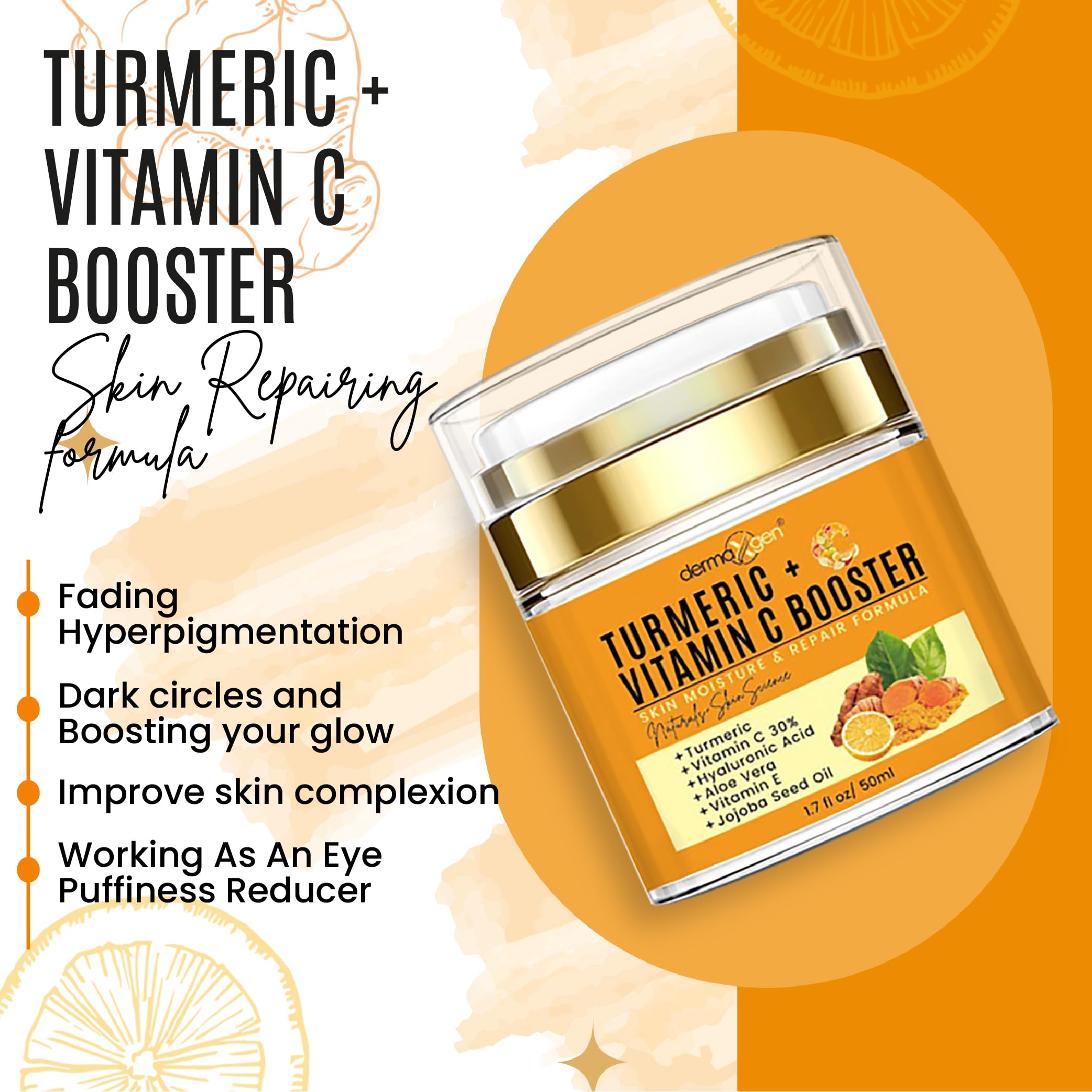Dermaxgen Turmeric Face Cream with 30% Vitamin C - Glow Booster & Anti-Aging Moisturizer for Dark Spots & Skin Repair (1.7 fl. oz)