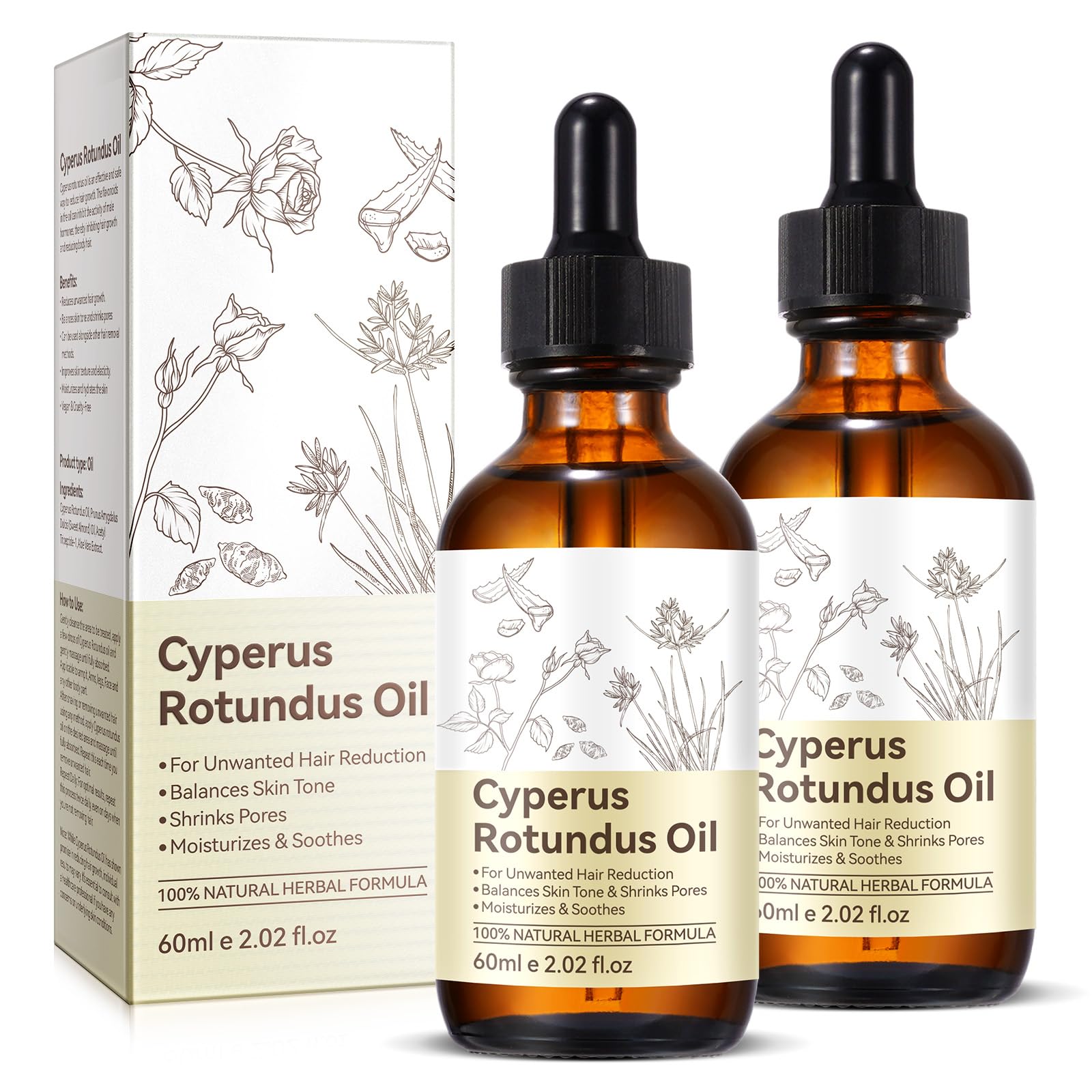 2 Pack Cyperus Rotundus Oil for Hair Removal, Natural for Reducing Body Hair Growth, Reducing Body Hair Growth, Shrink Pores, Reduces Unwanted Hair Growth, Suitable for All Skin Types