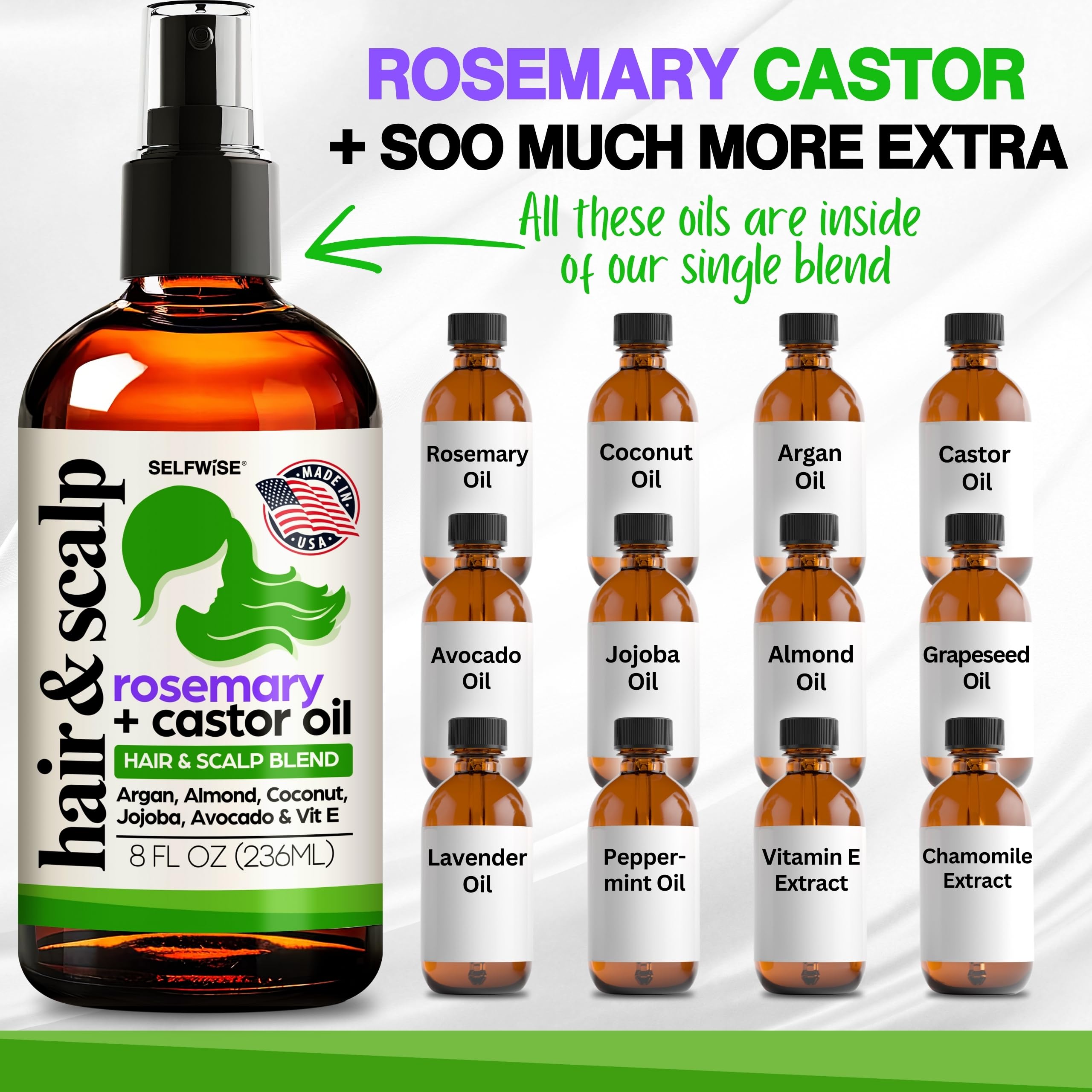 Organic Rosemary Oil For Hair Growth with Castor, Argan, Coconut, Almond, Jojoba, Avocado, Grapeseed, Vitamin E, Lavender & Peppermint for Hair & Scalp Treatment, All Hair Types, Men & Women 8oz
