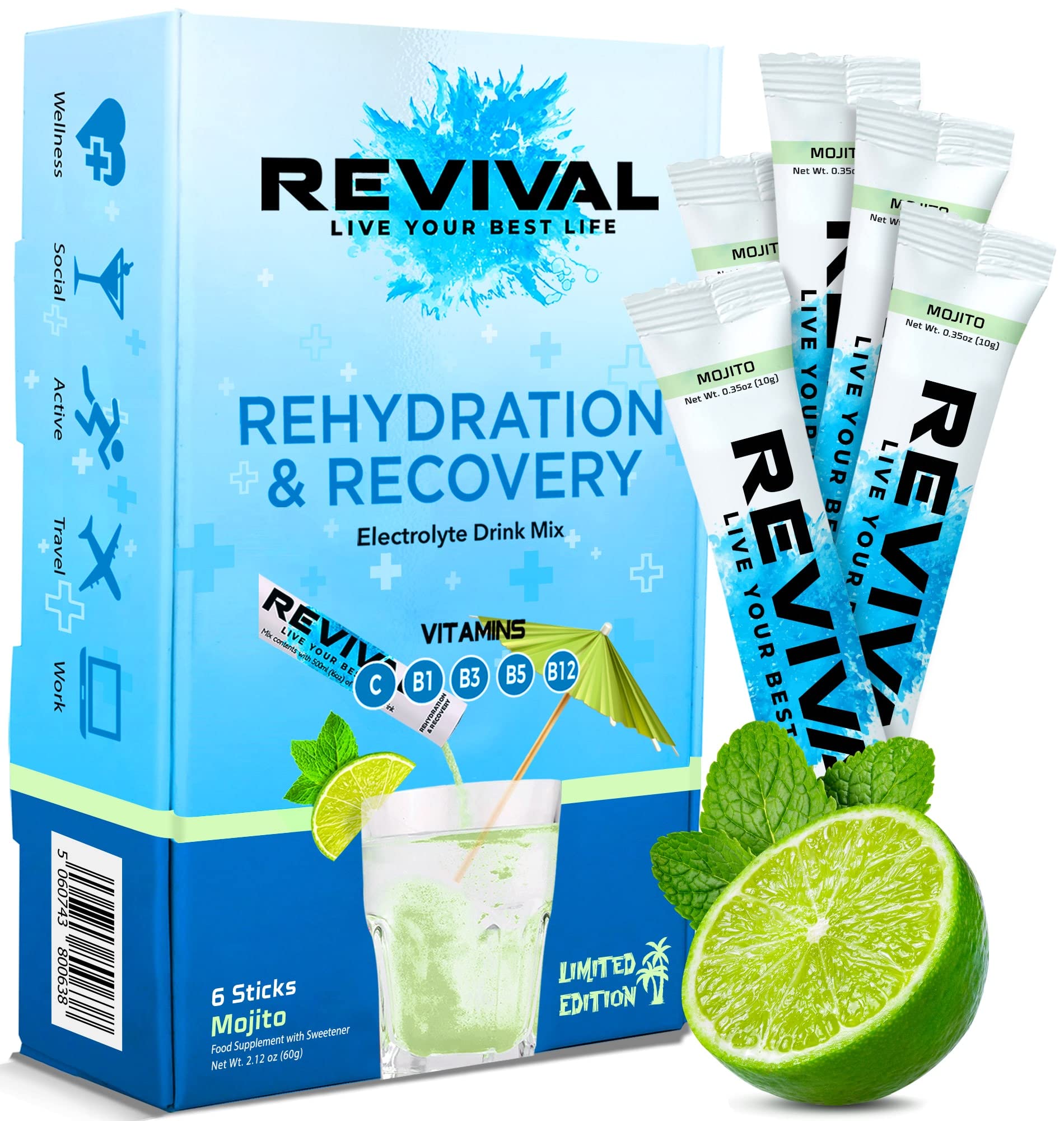 Revival Rapid Rehydration, Electrolytes Powder - High Strength Vitamin C, B1, B3, B5, B12 