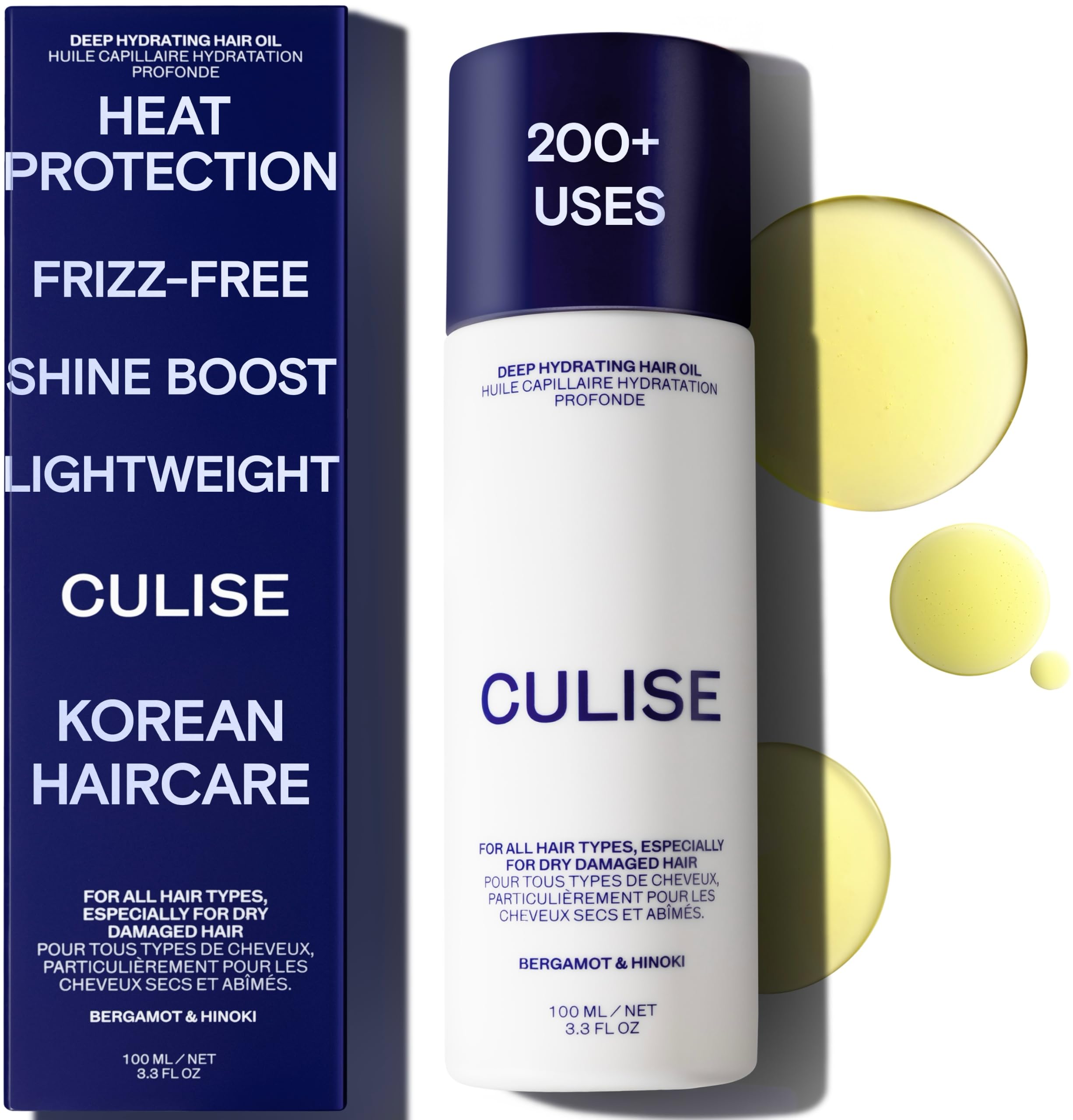 CULISE Korean Hair Oil for Dry Damaged Frizzy Hair - Anti Frizz Heat Protectant, High Shine Gloss Serum for Smooth Split Ends, Sea Buckthorn & Grapeseed Oil, Wavy, Curly, Frizz Control, Color Safe