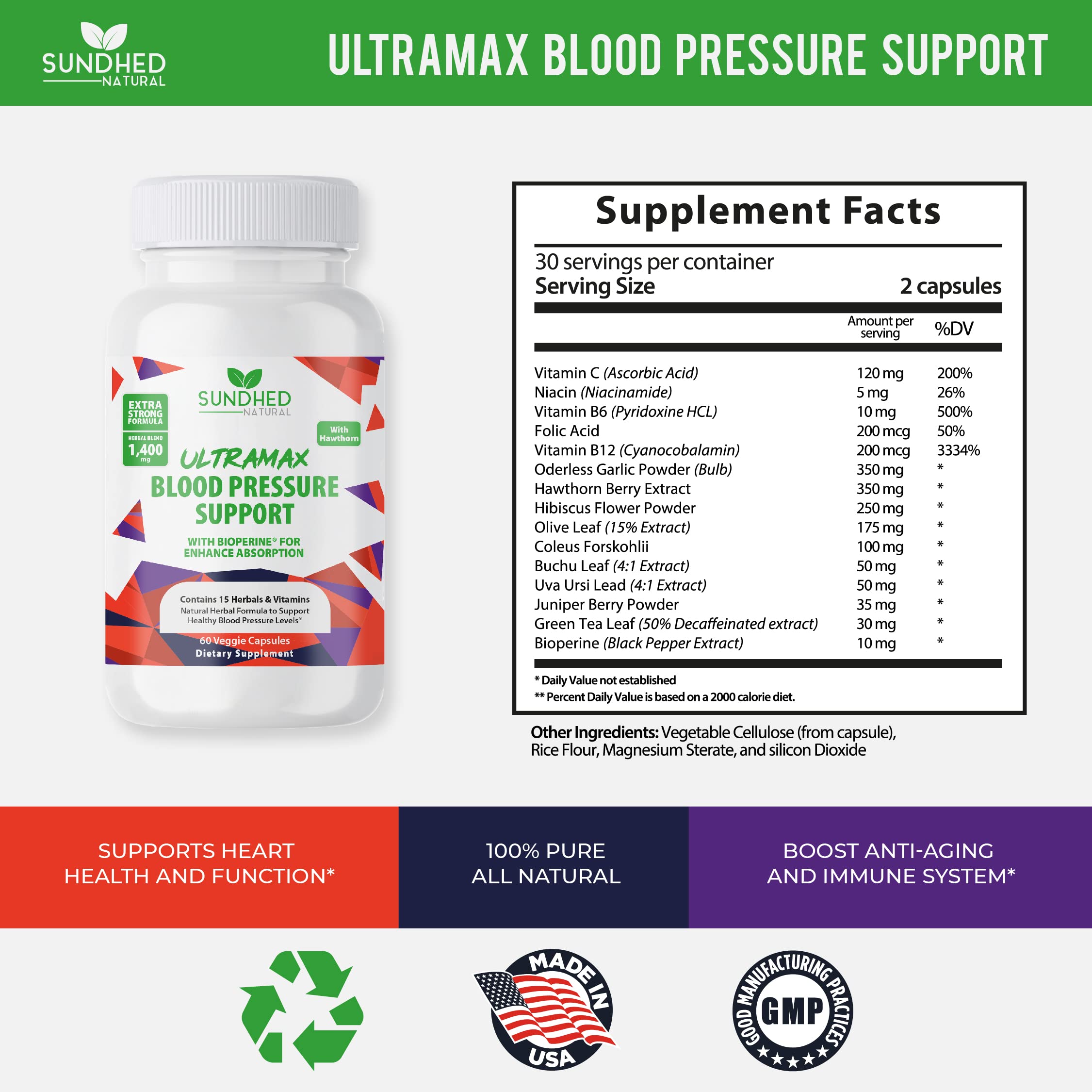 Sundhed Natrual UltraMax Blood Pressure with Bioperine for Enhanced Absorption