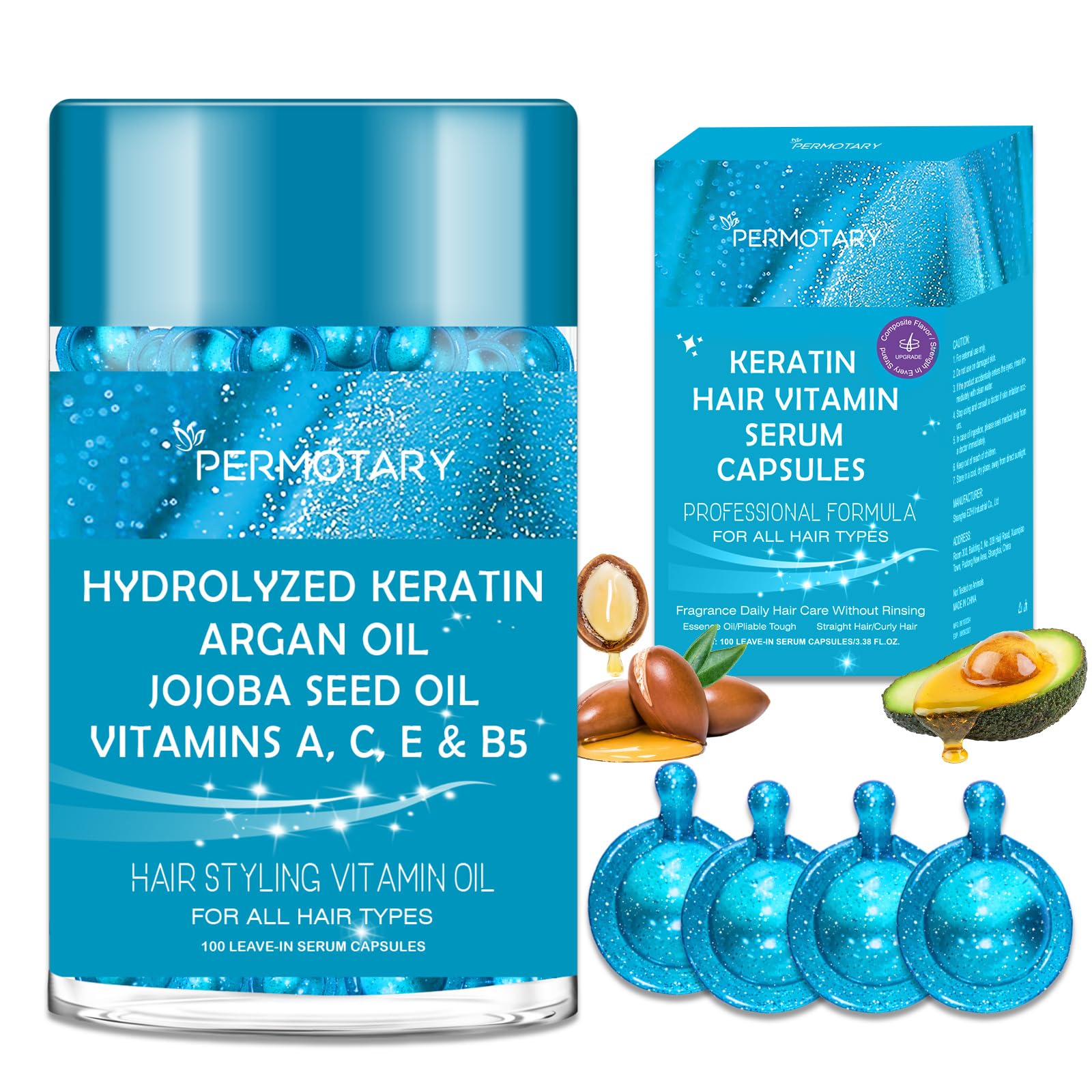 100 Capsules Styling Serum With Keratin, Treatment Oil for Frizzy Hair, Serum With Vitamins A, C, E & B5, Argan Avocado Oil for All Types, Leave-in Conditioner for Women & Men