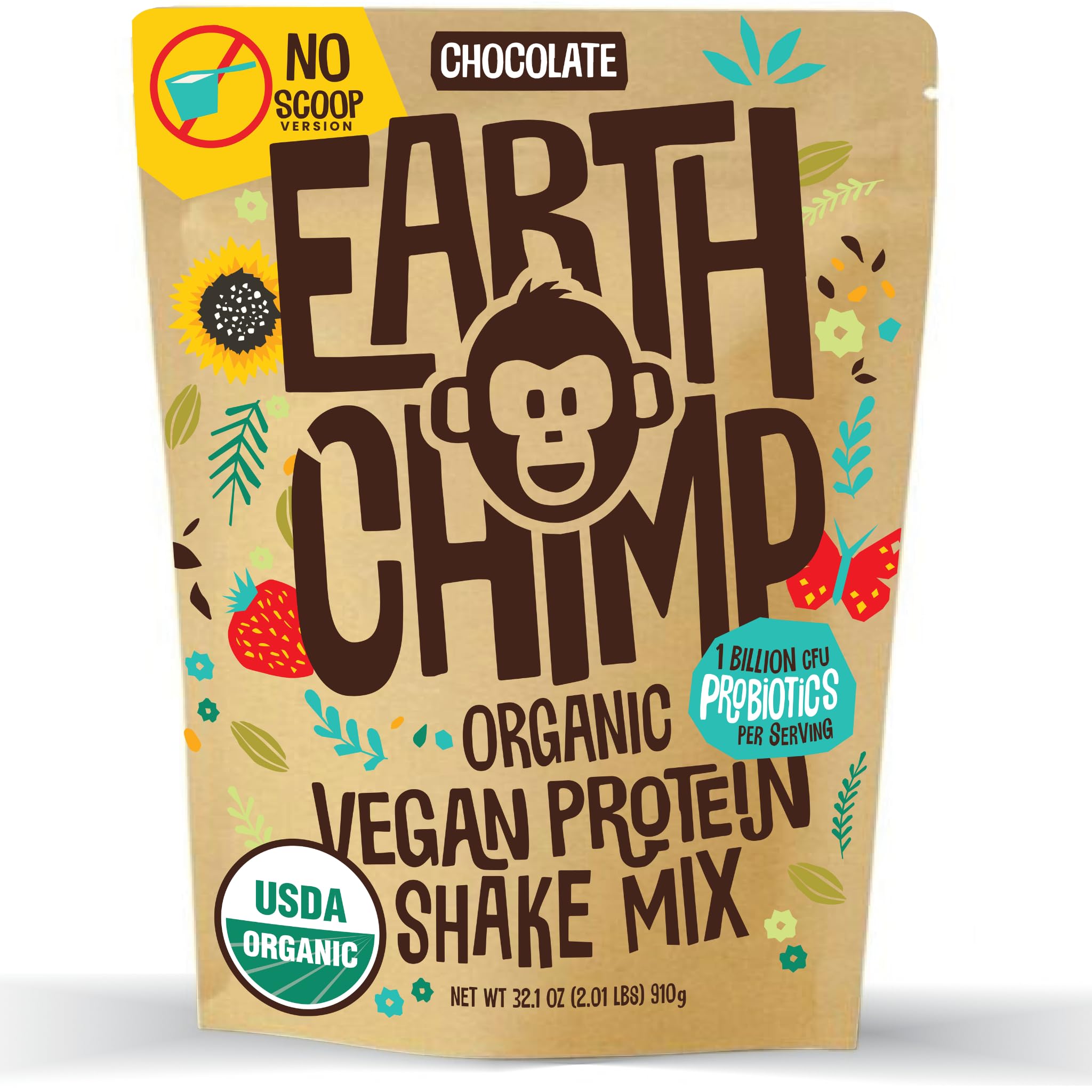 EarthChimp Organic Vegan Protein Powder - with Probiotics - Non GMO, Dairy Free