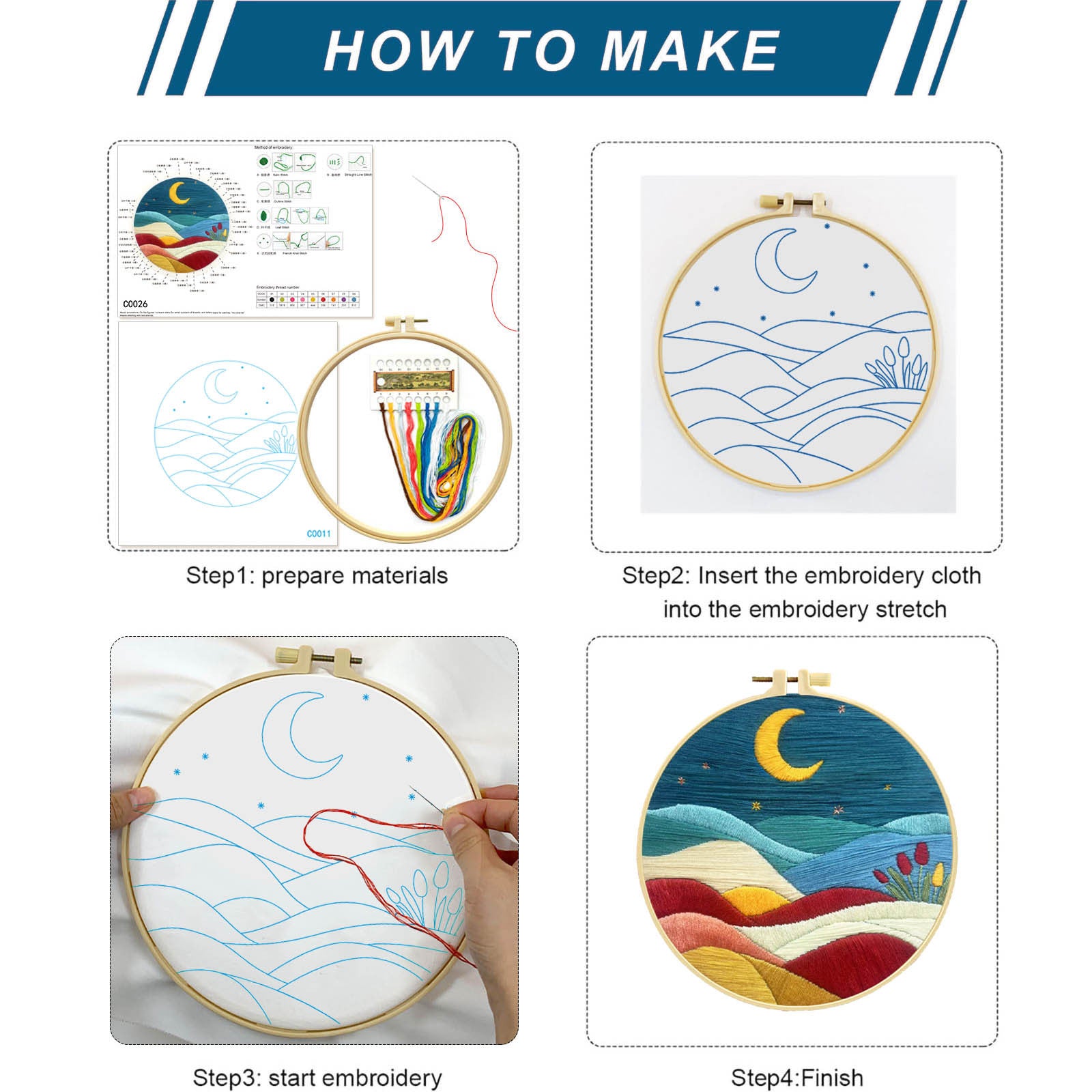 Mountain Sun Moon Embroidery Kit DIY Landscape Needlework Craft Set