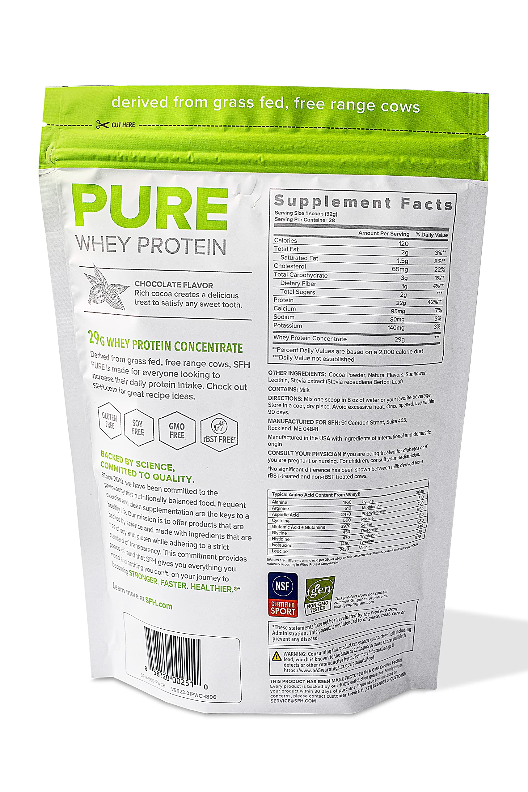 SFH Pure Whey Protein Powder (Chocolate) Best Tasting Grass Fed Whey | All Natural | Non-GMO, No Artificials, Soy Free, Gluten Free | (Chocolate, 31.6 Ounce (Pack of 1)