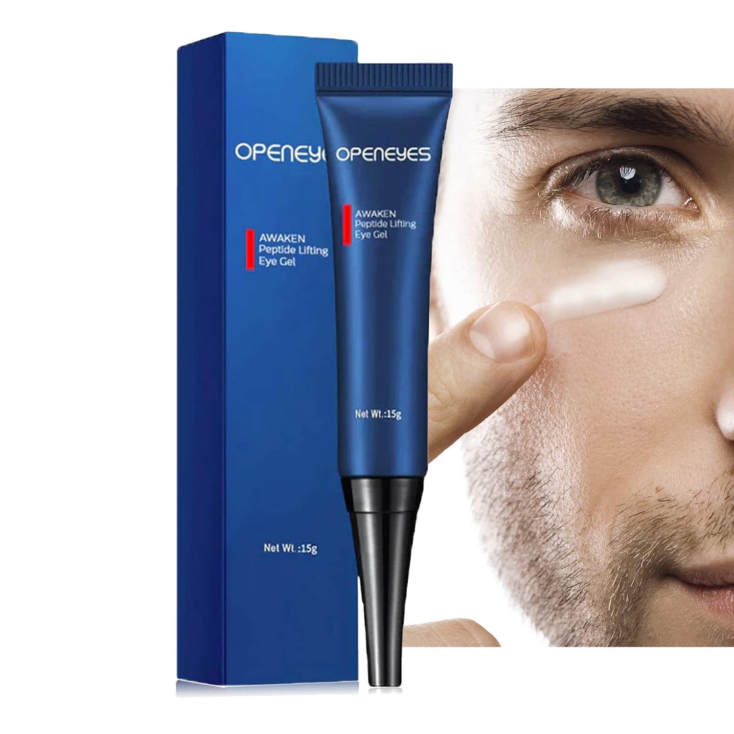 A bottle of AKARY Awaken Peptide Depuffing Eye Gel, designed to lift, firm, and hydrate the under-eye area.