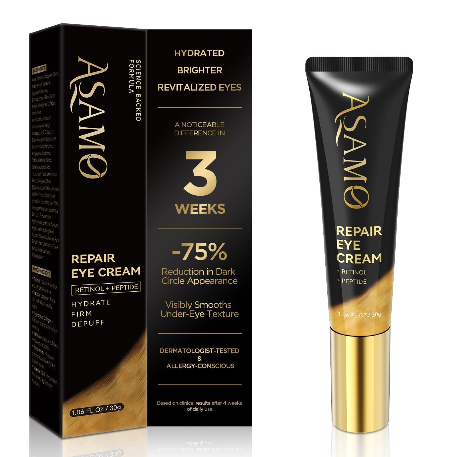 ASAMO 1.06 fl oz Retinol and Peptides Eye Cream for daily wrinkle and shadow reduction.