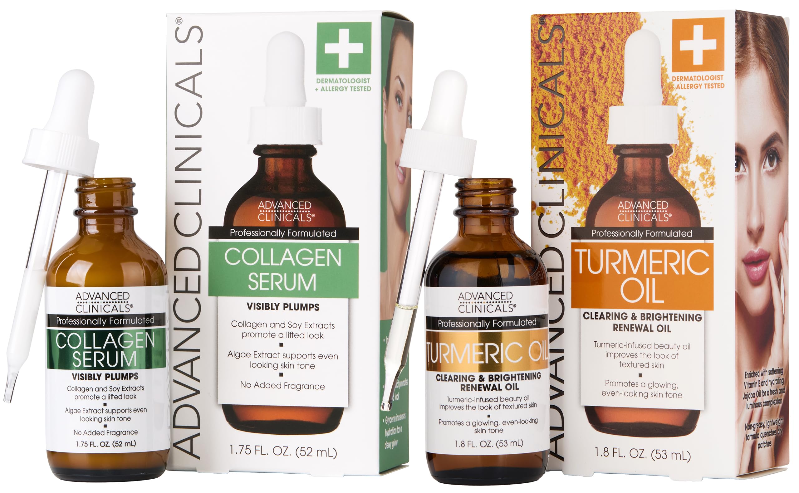 Advanced Clinicals 2-pack set featuring Collagen Facial Serum for firming and Turmeric Oil Serum for brightening and soothing mature skin.