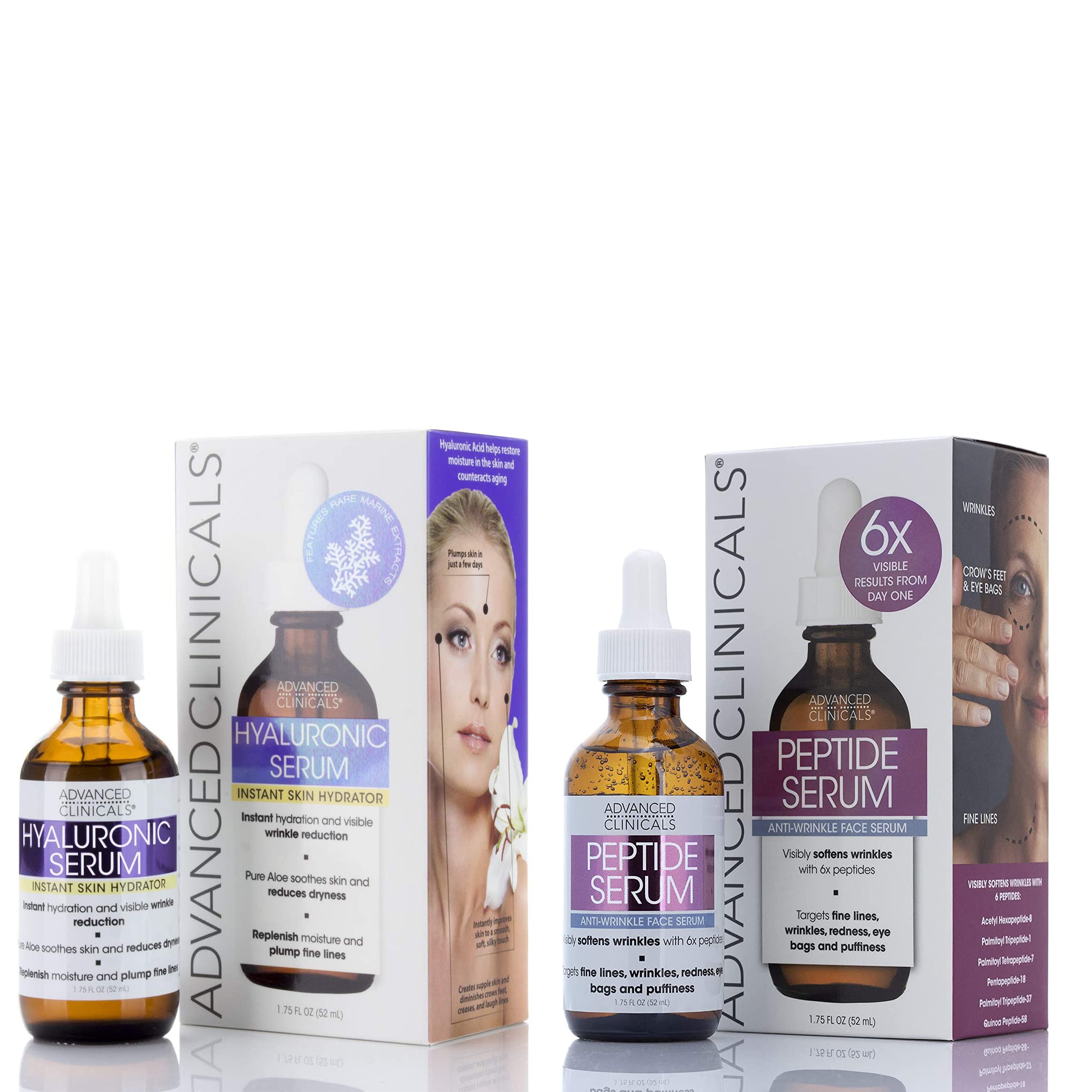 Advanced Clinicals 2-pack bundle featuring Hyaluronic Acid for intense moisture and Collagen Peptide for firming and wrinkle reduction.