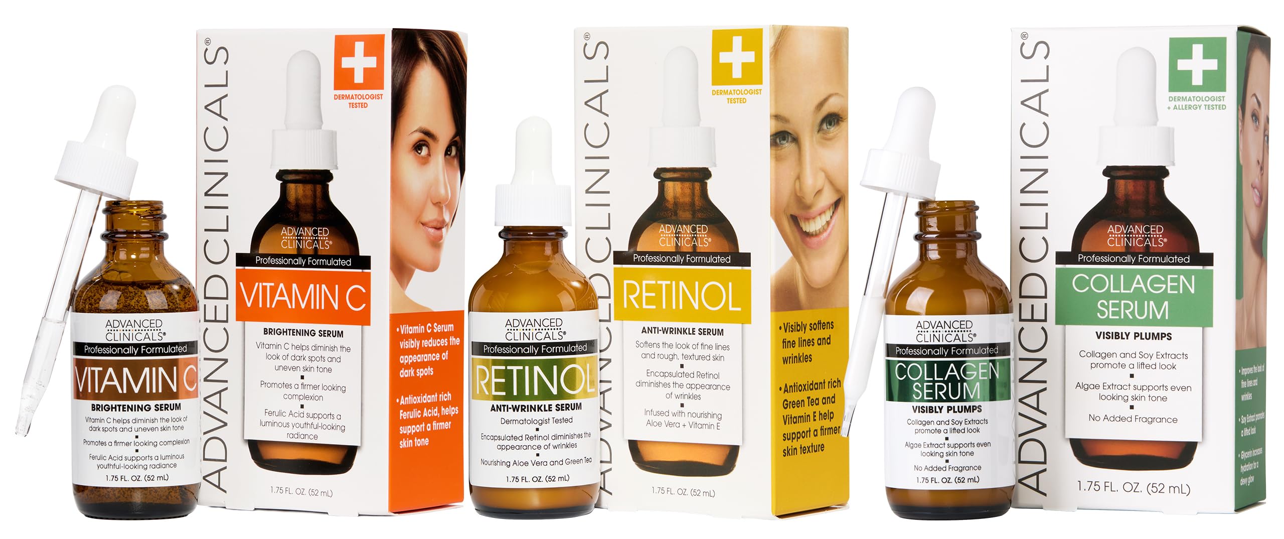 Advanced Clinicals 3-piece skincare kit featuring three professional-grade serums: Anti-aging Retinol, Firming Collagen, and Brightening Vitamin C.