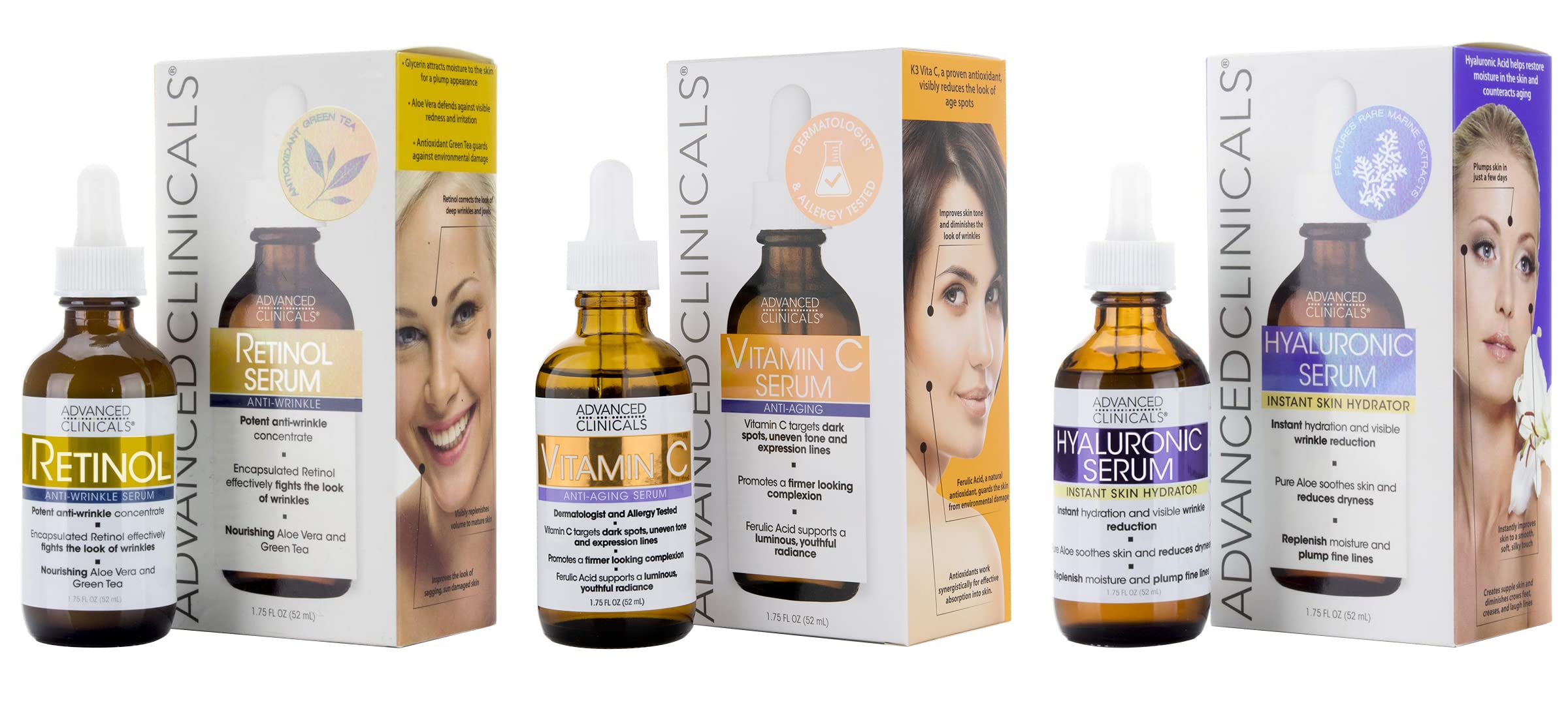 Advanced Clinicals 3-piece skincare set featuring three bottles: Brightening Vitamin C, Anti-Aging Retinol, and Hydrating Hyaluronic Acid serums.