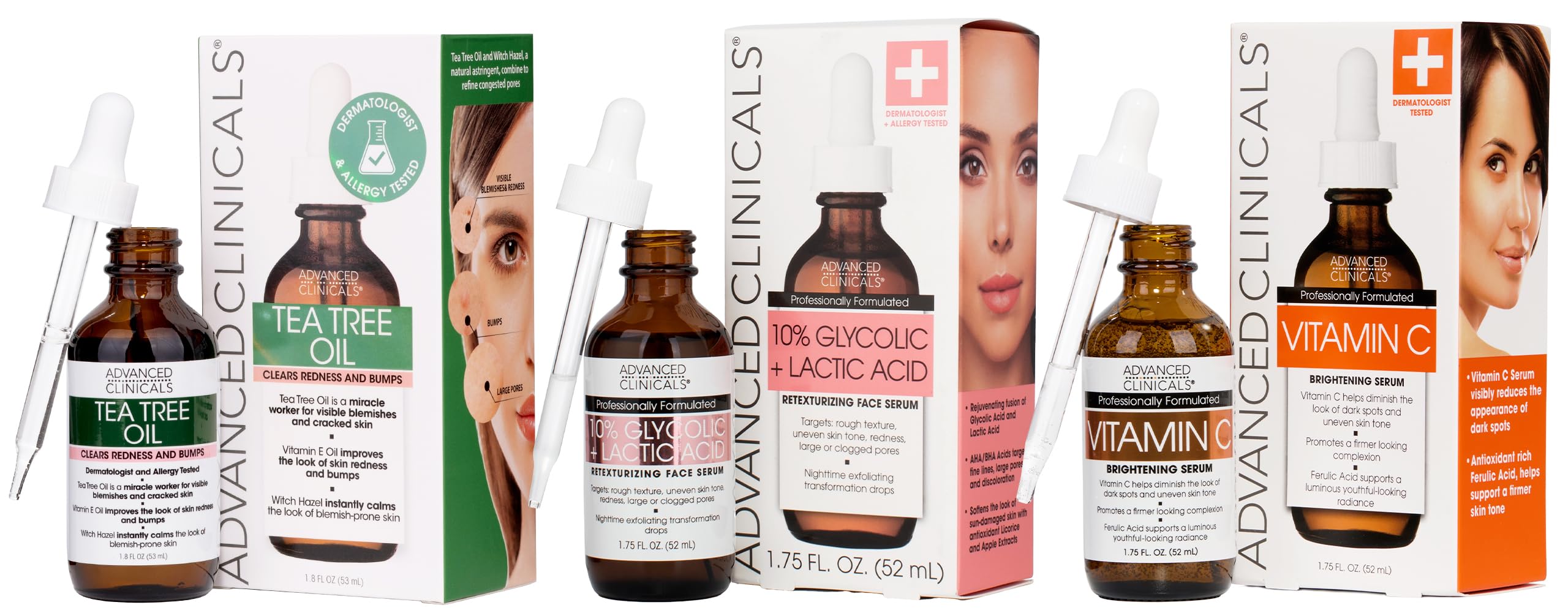 Advanced Clinicals 3-piece skincare kit including Tea Tree Oil, Vitamin C Serum, and 10% Glycolic + Lactic Acid exfoliating serum.
