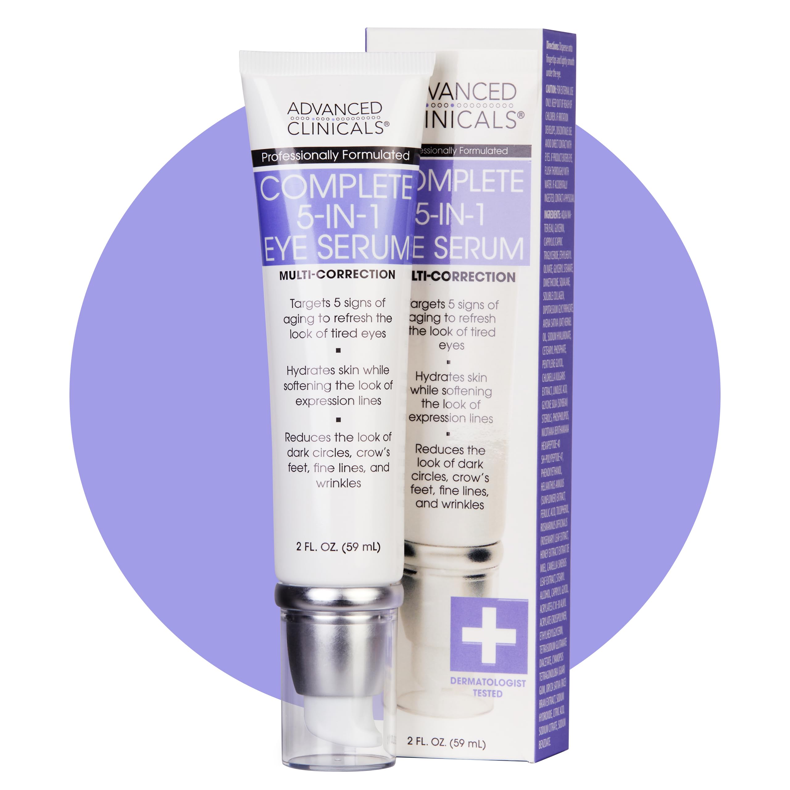Advanced Clinicals 5-in-1 Eye Serum bottle with pump, a professional anti-aging treatment for eye bags, dark circles, and fine lines.