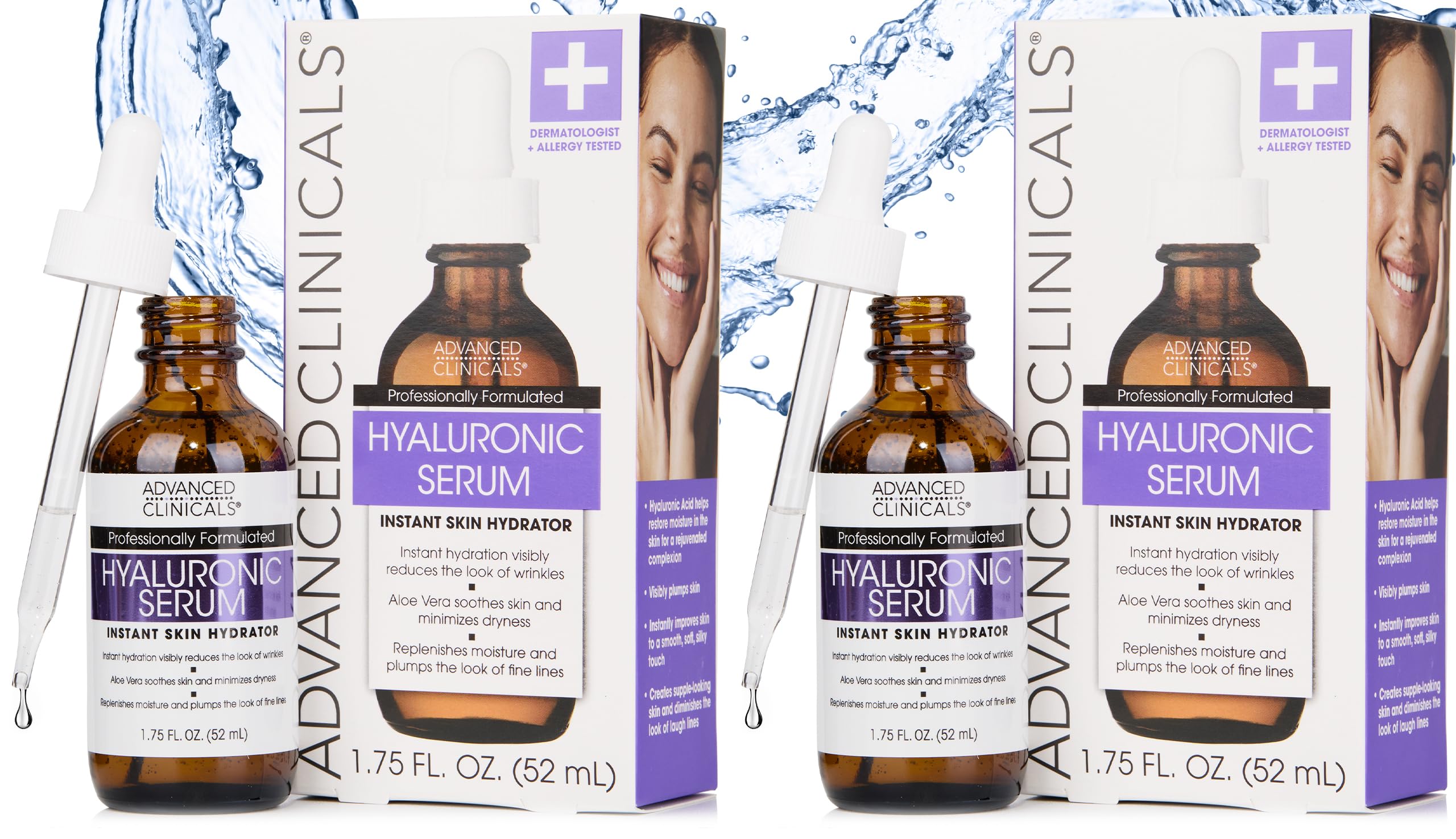Advanced Clinicals Hyaluronic Acid Serum 2-pack bottles, showing a clear, lightweight hydrating formula for intense moisture and skin plumping.