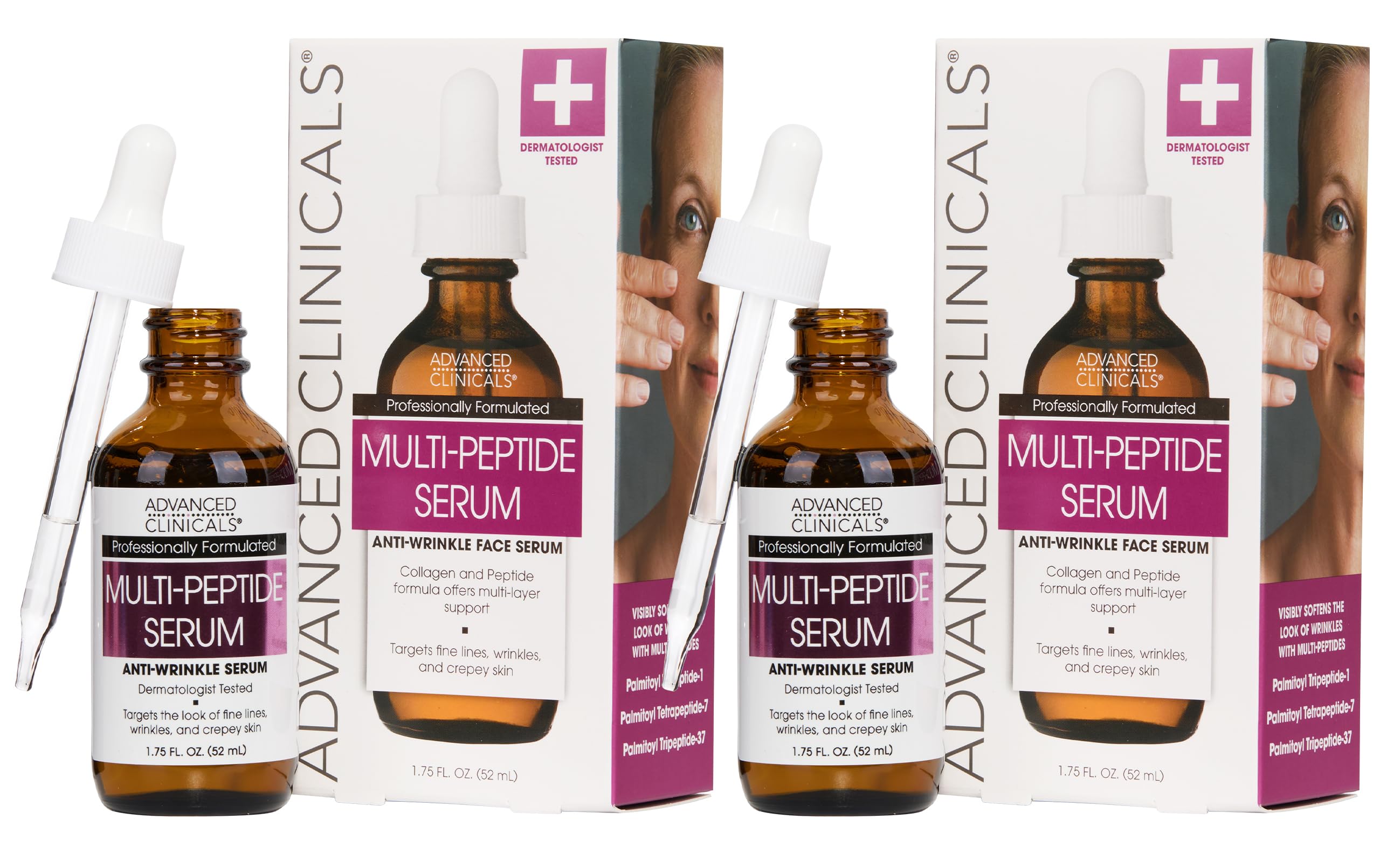 Advanced Clinicals Multi Peptides Serum 2-pack bottles, a professional-grade firming treatment for wrinkles, sagging skin, and uneven tone.