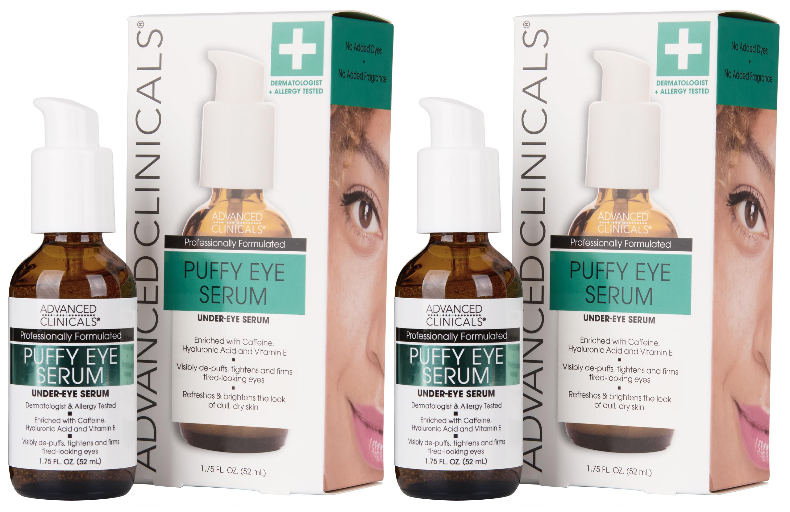 Advanced Clinicals Puffy Eye Serum 2-pack bottles, featuring a brightening formula with Vitamin C and Caffeine for tired and swollen under-eyes.