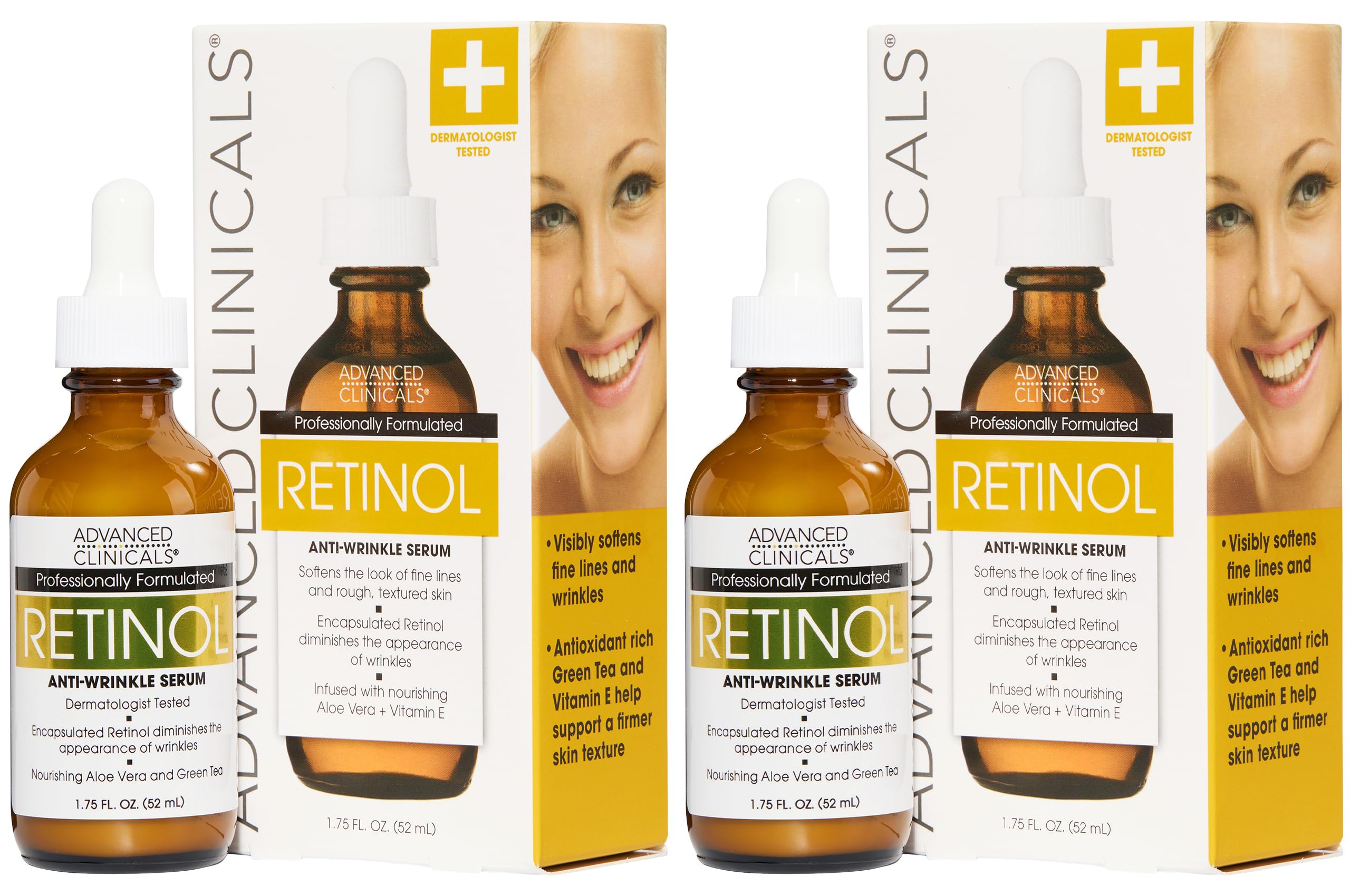 Advanced Clinicals Retinol Serum 2-pack bottles, a professional-grade anti-aging treatment for smoothing wrinkles and improving skin elasticity.