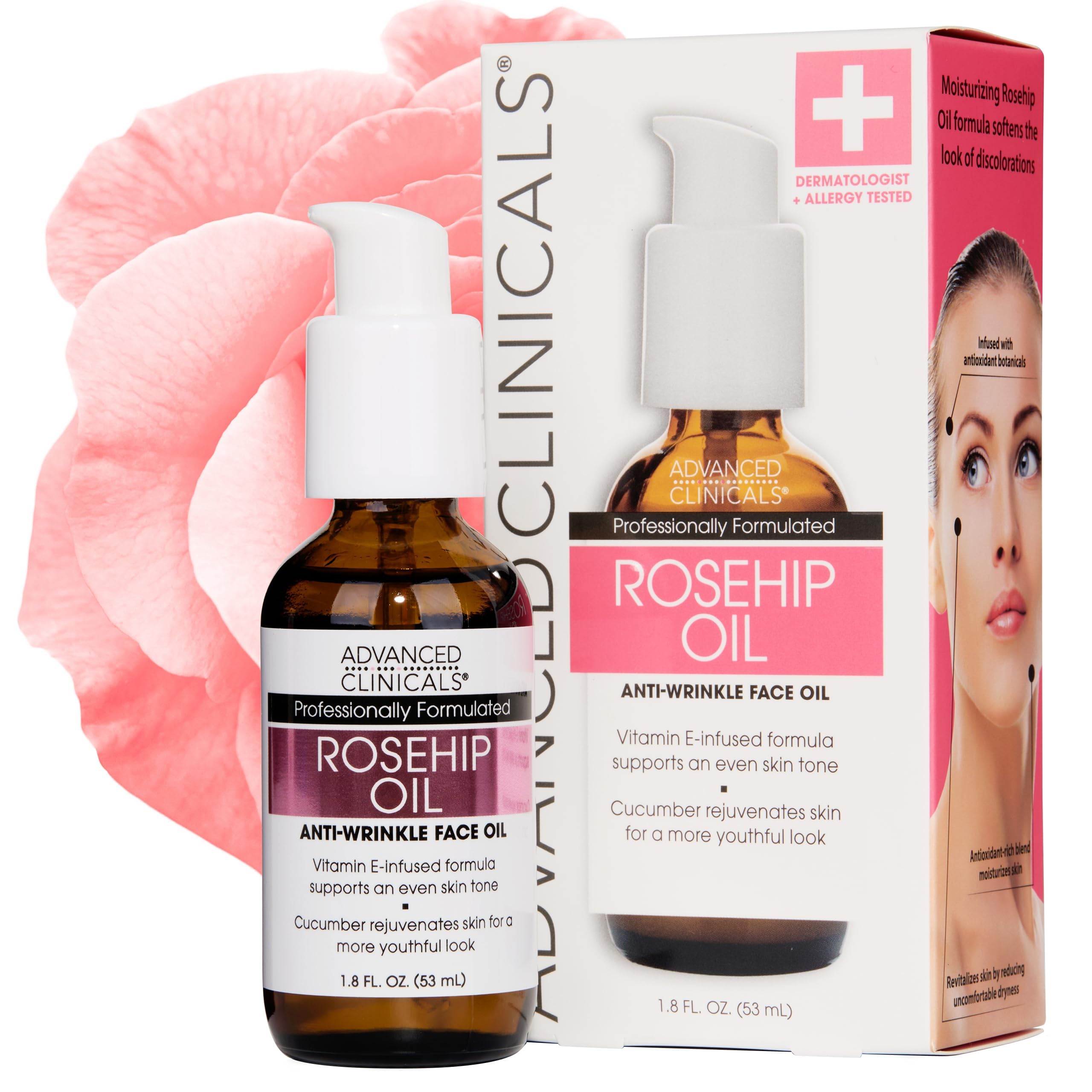 Advanced Clinicals Rosehip Oil Facial Serum bottle with a dropper, a golden-hued oil for moisturizing and repairing aging skin.