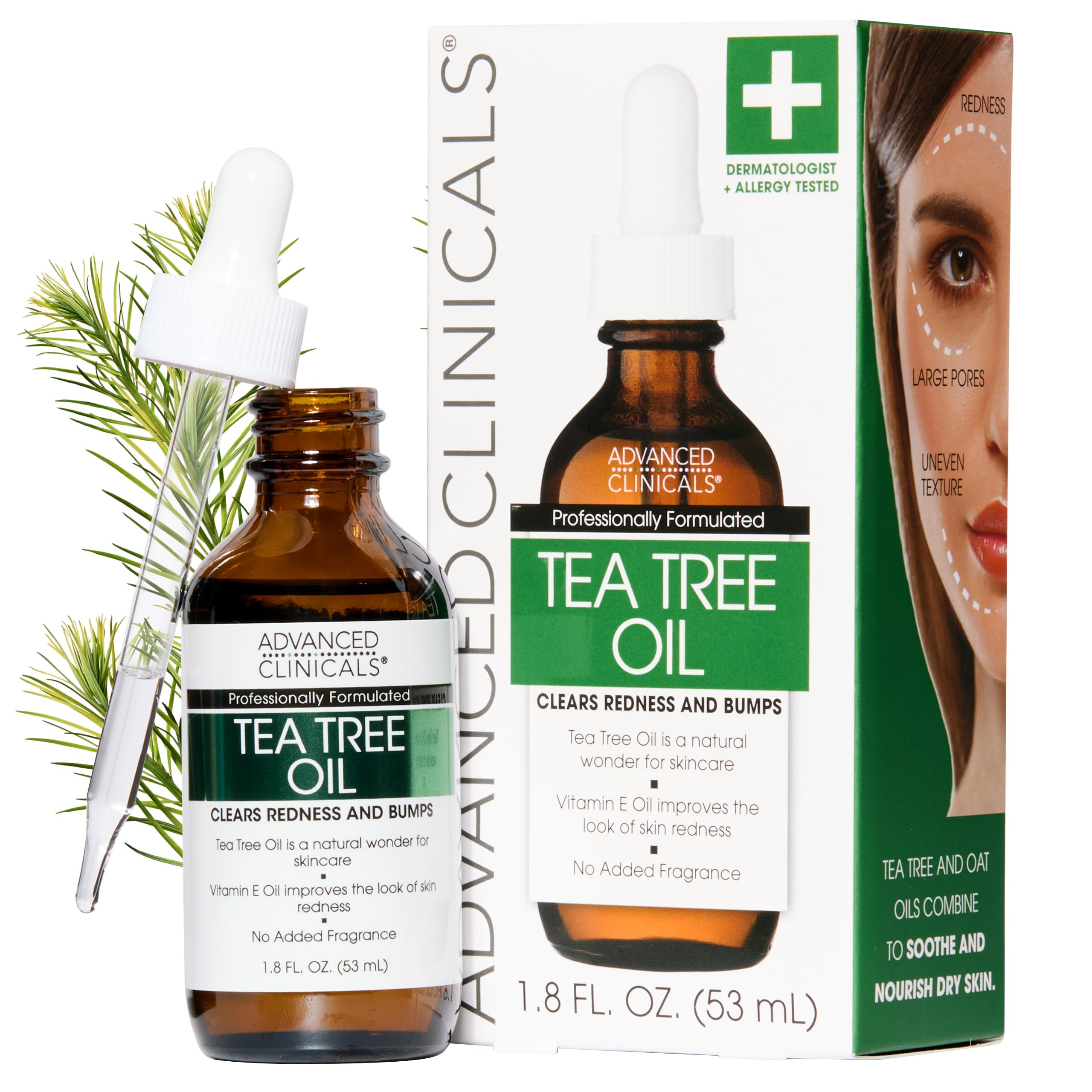 Advanced Clinicals Tea Tree Oil Facial Serum bottle with dropper, featuring a clarifying formula to help with large pores, redness, and uneven skin tone.