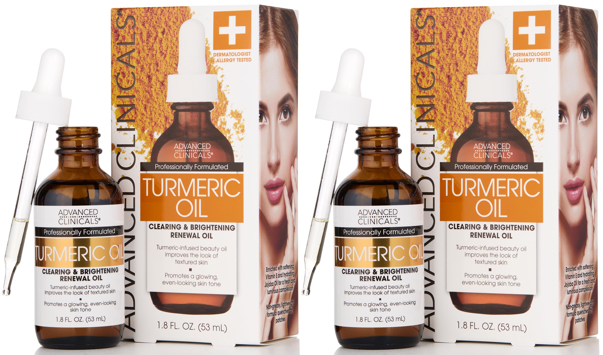 Advanced Clinicals Turmeric Oil Serum 2-pack, showing two bottles of antioxidant-rich facial oil designed to brighten and moisturize dry skin.