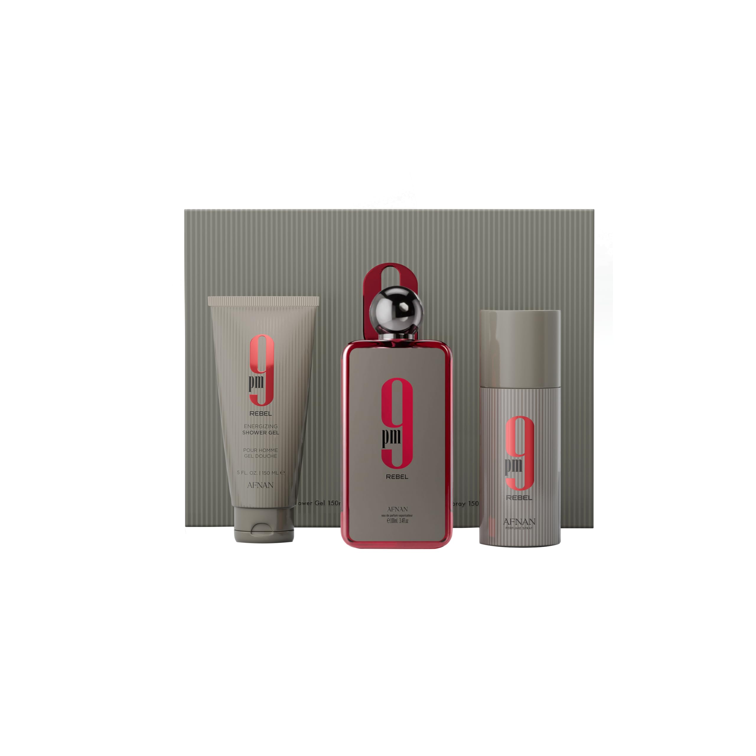 Afnan 9 PM Rebel unisex luxury perfume gift set with eau de parfum deodorant and shower gel