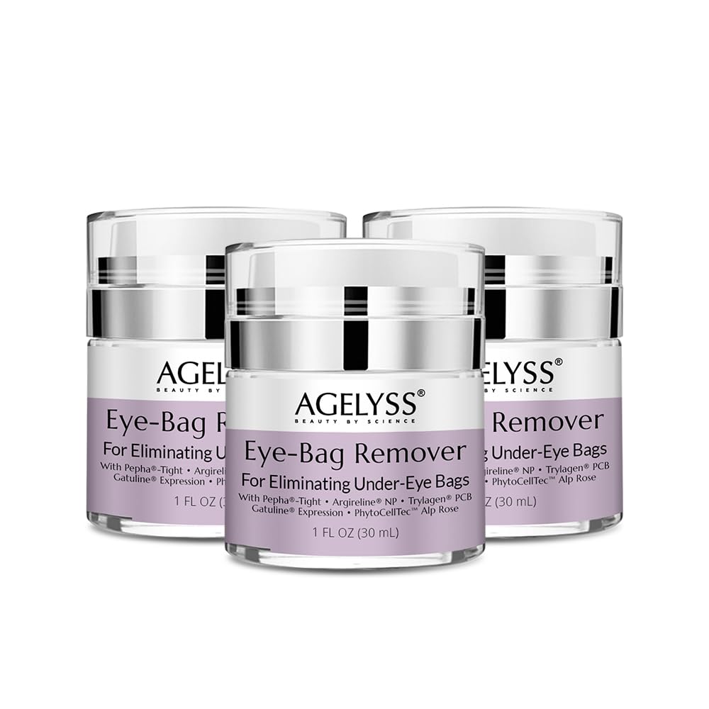 A set of 3 Agelyss Eye-Bag Cream tubes, a premium plant-based treatment for revitalizing and smoothing the under-eye area.