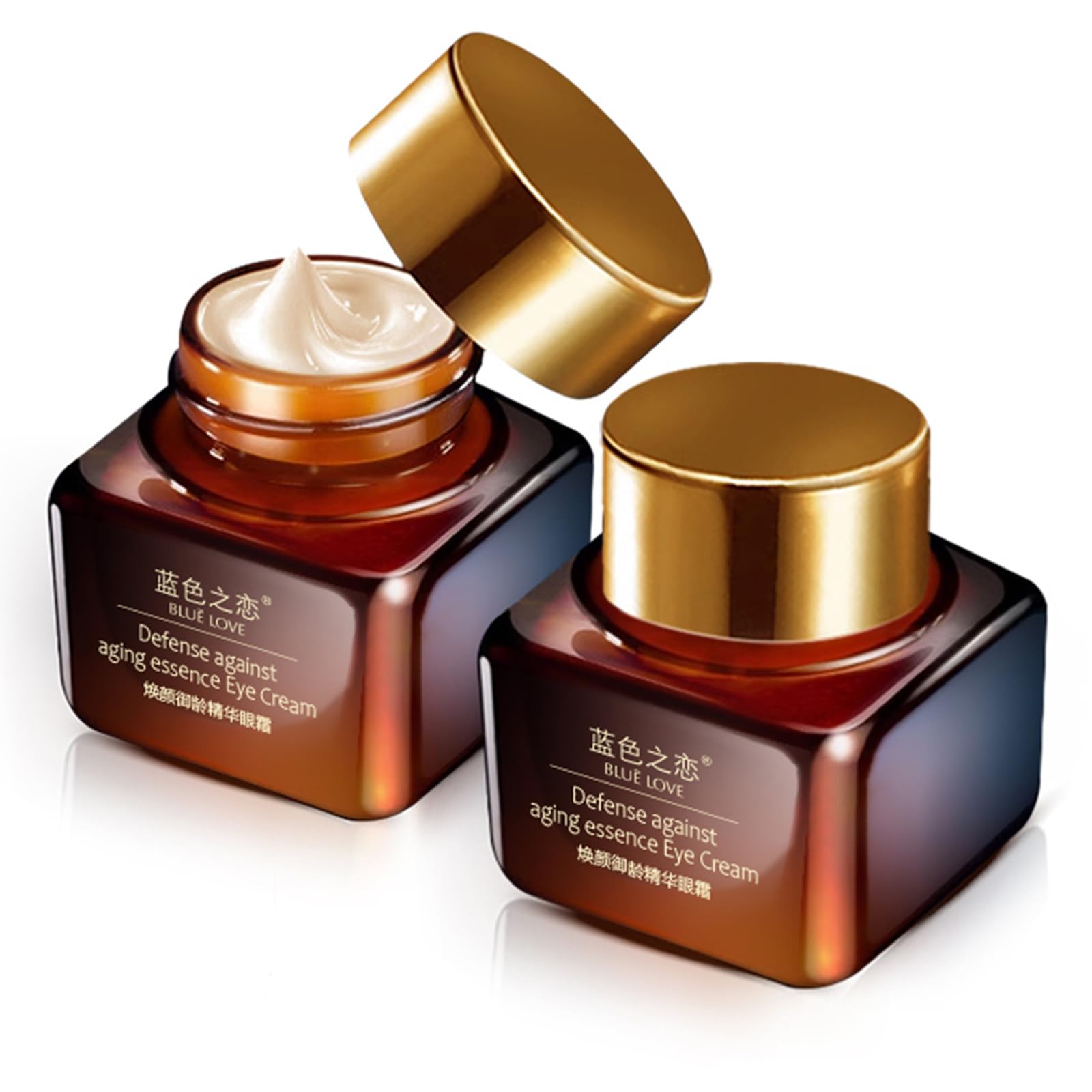 Set of 2 BLUE LOVE Anti-Aging Eye Cream tubes, a dual-action treatment for dark circles, puffiness, and wrinkles.