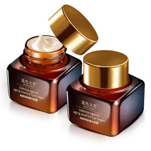 Set of 2 BLUE LOVE Anti-Aging Eye Cream tubes, a dual-action treatment for dark circles, puffiness, and wrinkles.