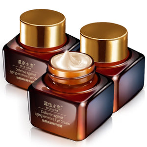 Set of 3 BLUE LOVE Anti-Aging Eye Cream tubes, a complete treatment for dark circles, puffiness, and wrinkles.