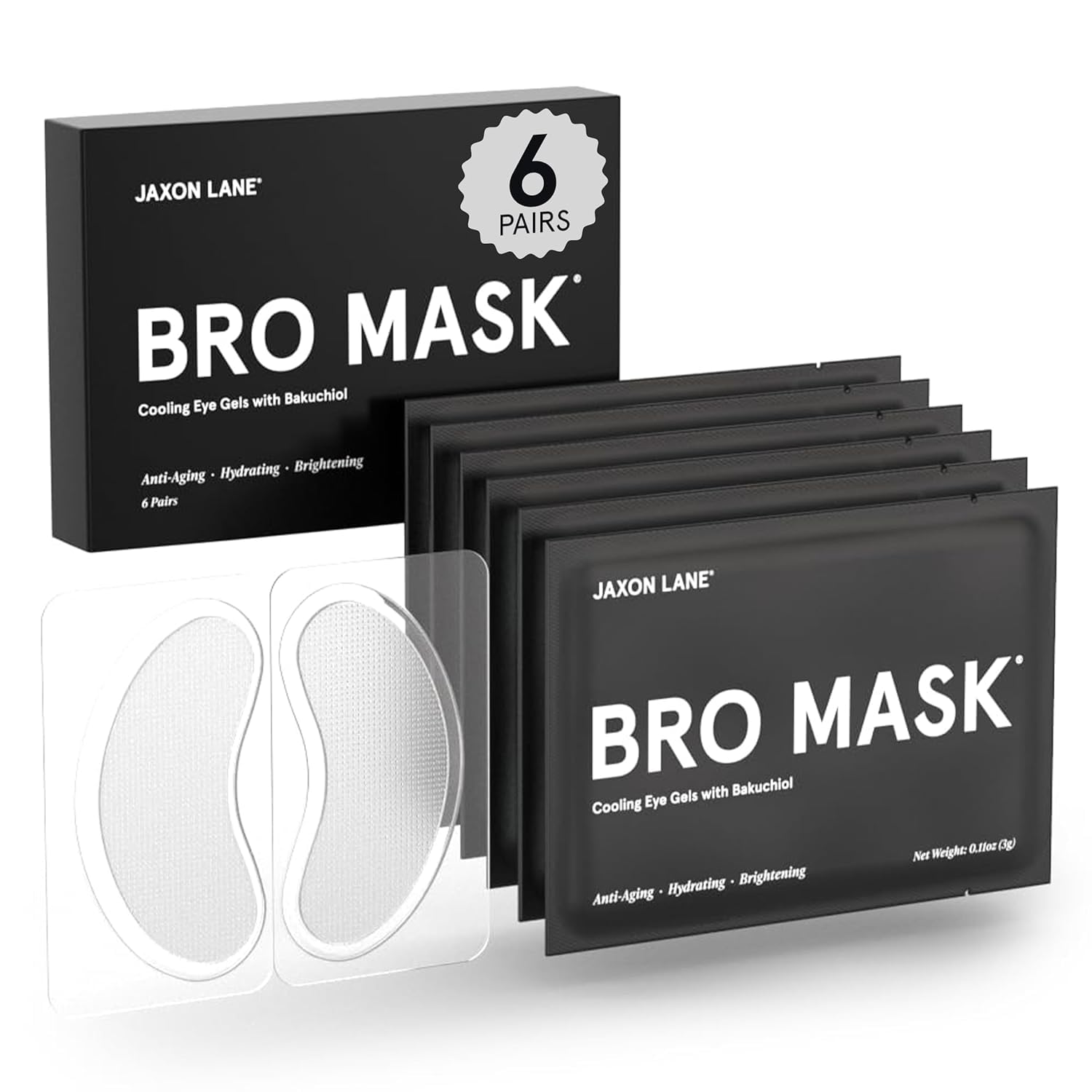 Set of 6 individually wrapped BRO MASK Hydrogel under-eye patches for men, ideal for travel and anti-aging.
