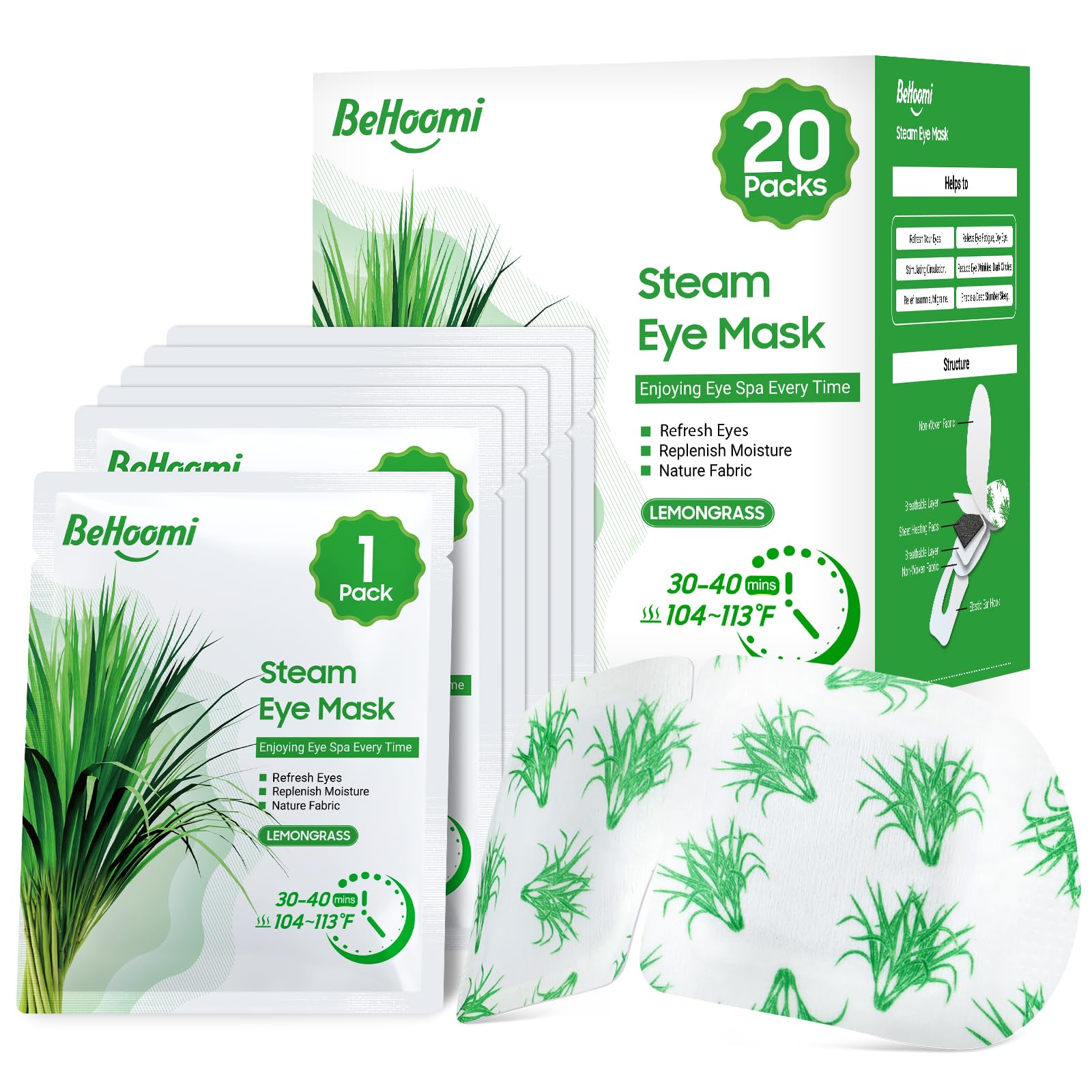 BeHoomi self heating steam eye mask lemongrass scented warm compress for sleep relaxation and eye fatigue relief 20 pack