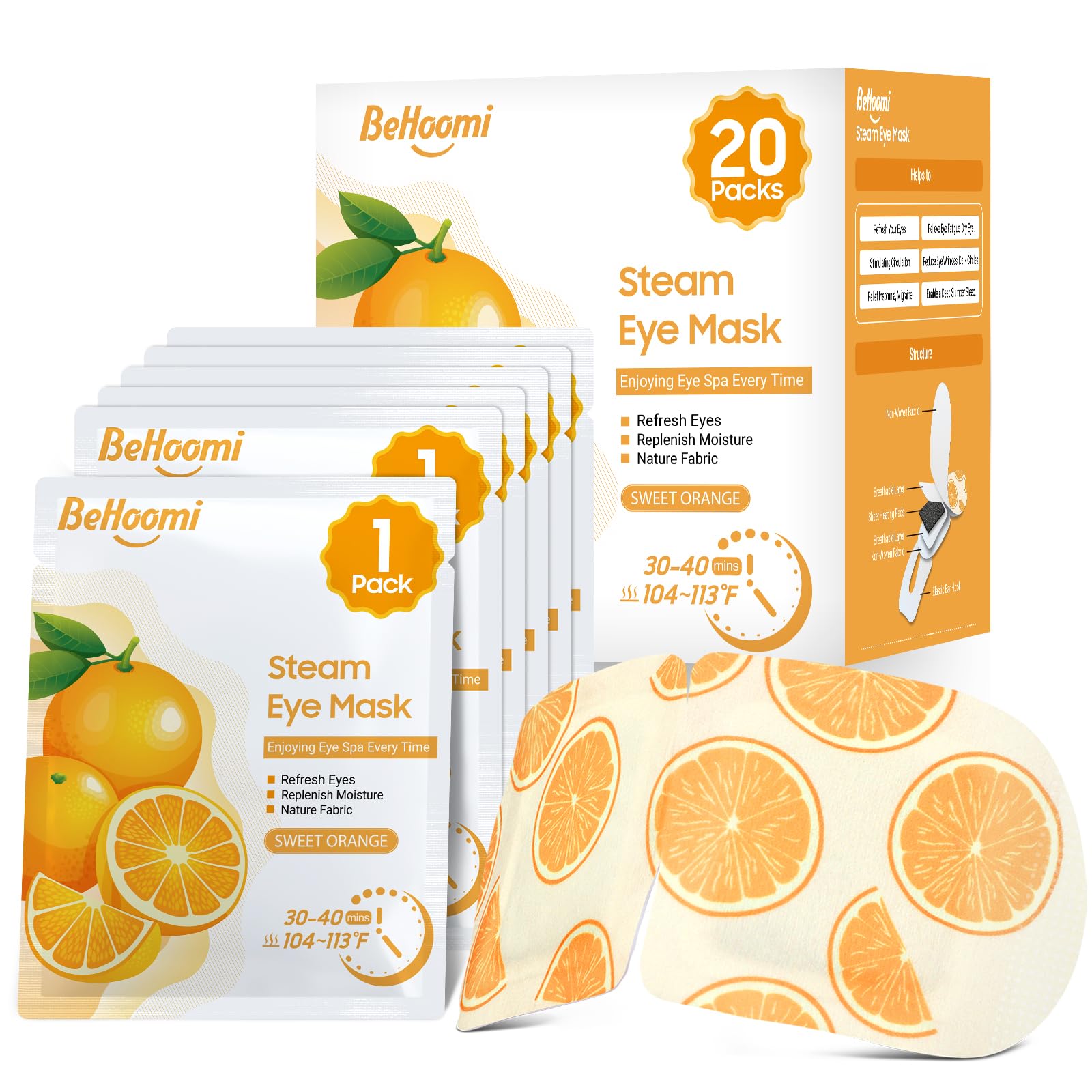 BeHoomi self heating steam eye mask orange scented warm compress for sleep relaxation and eye fatigue relief 20 pack