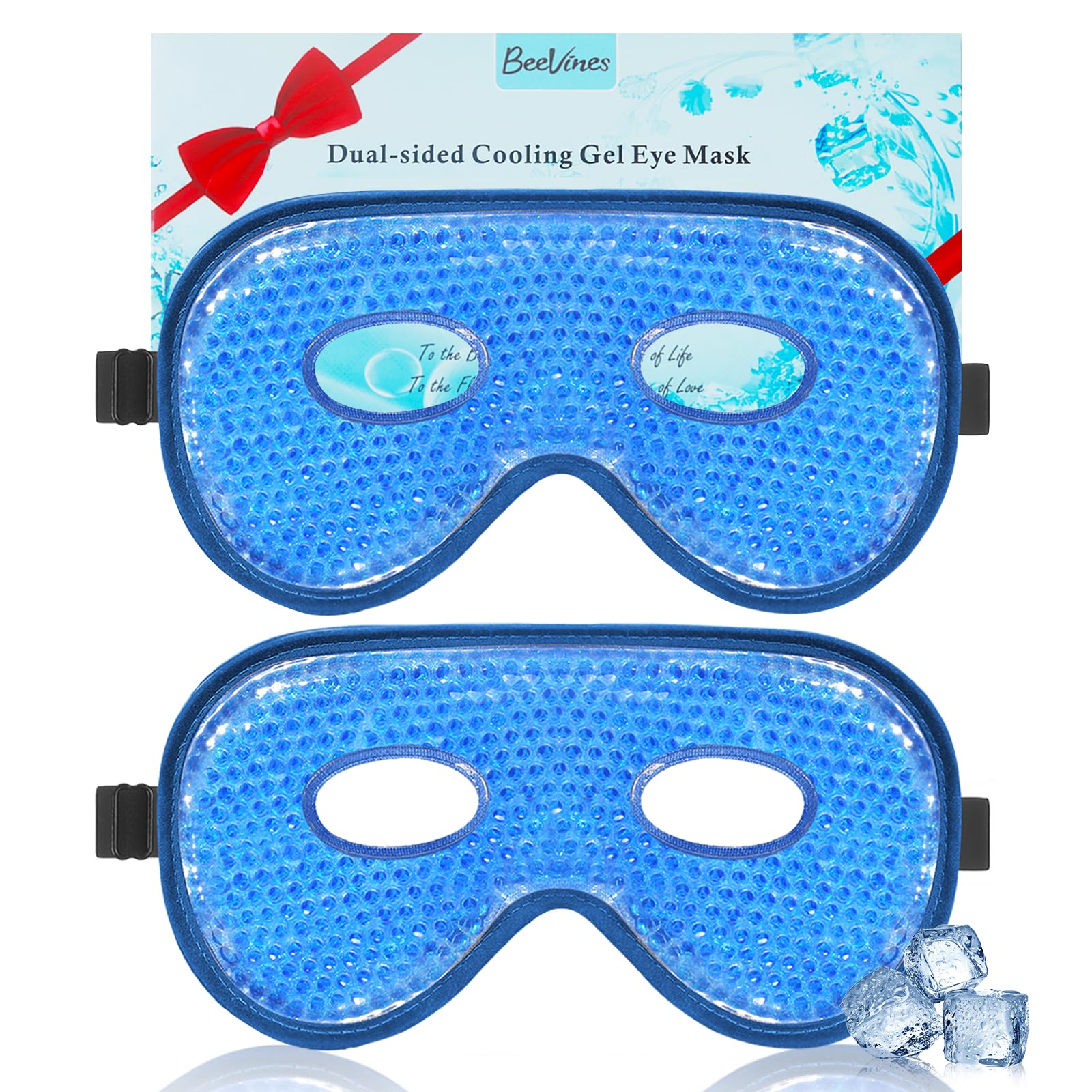Two BeeVines Navy Blue XL Jumbo Gel Eye Masks, showing the plush side and gel bead side for therapeutic cold and warm eye treatment.