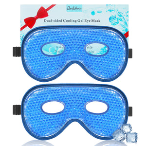 Two BeeVines Navy Blue XL Jumbo Gel Eye Masks, showing the plush side and gel bead side for therapeutic cold and warm eye treatment.
