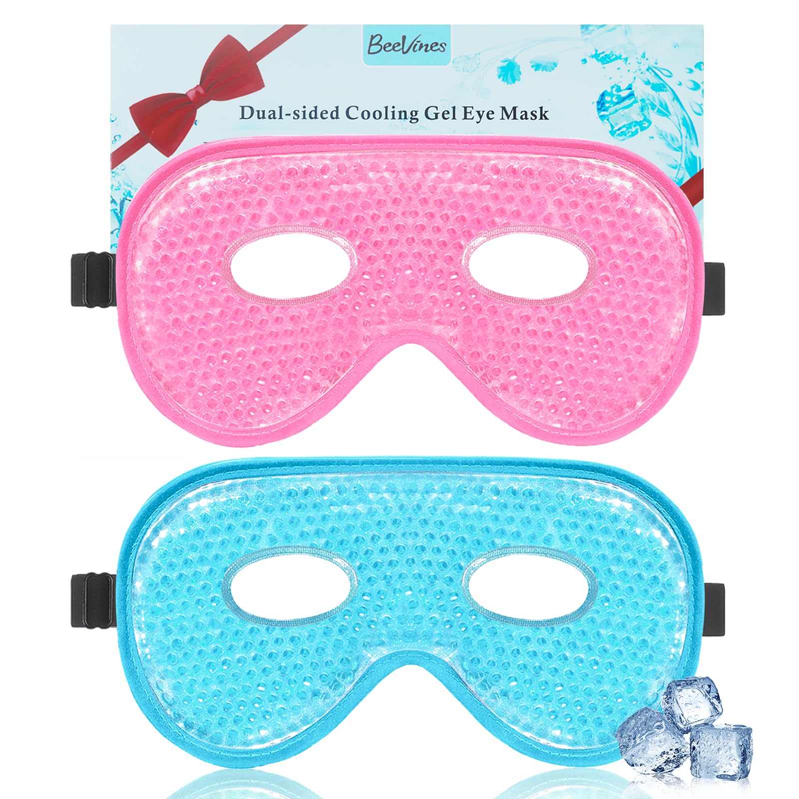 Two BeeVines XL Jumbo size gel eye masks in blue, designed for full-face coverage and therapeutic cold/warm relief.