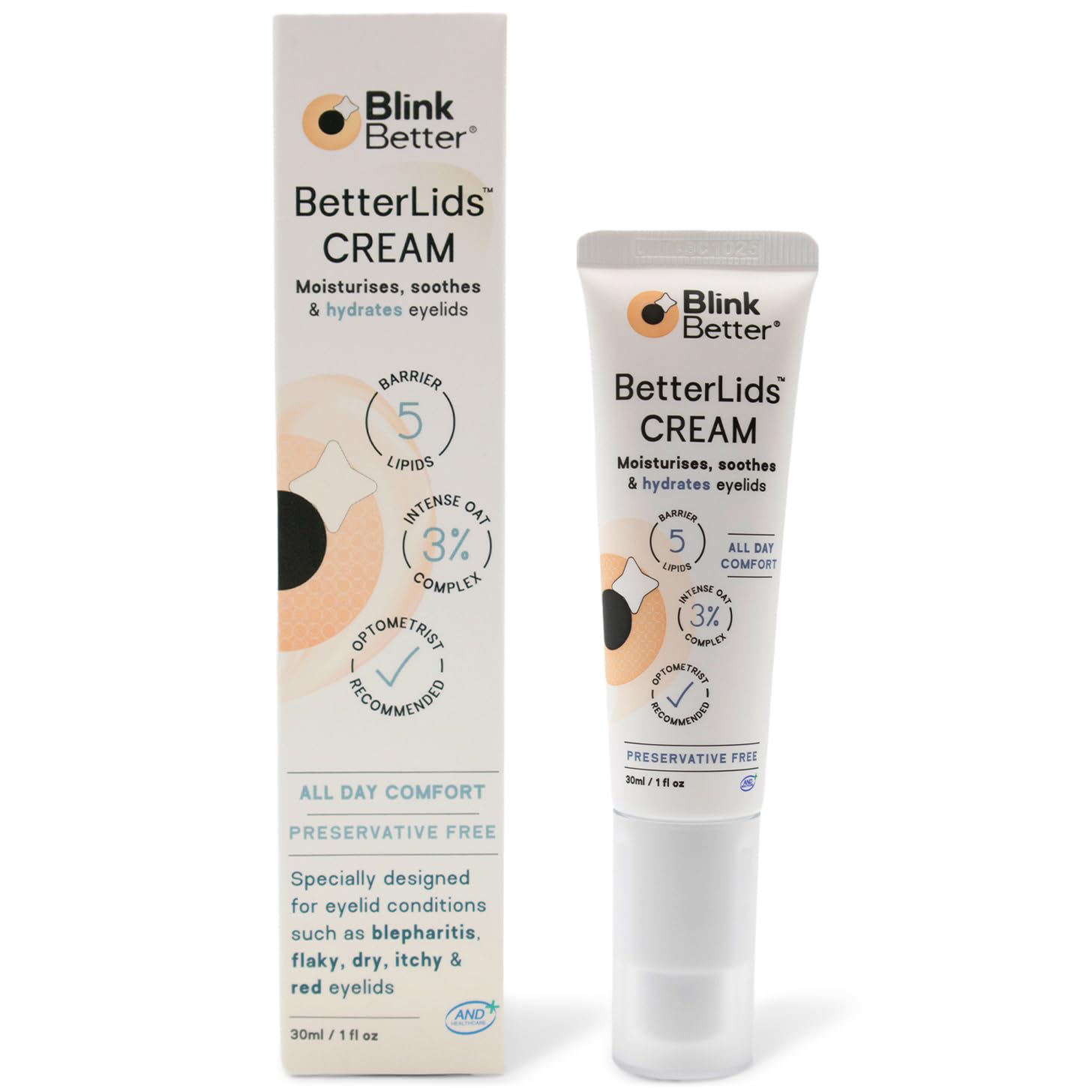 BlinkBetter BetterLids Restore Eyelid Cream tube, a lightweight formula with 3% Oat and Ceramides for sensitive and dry eyelids.