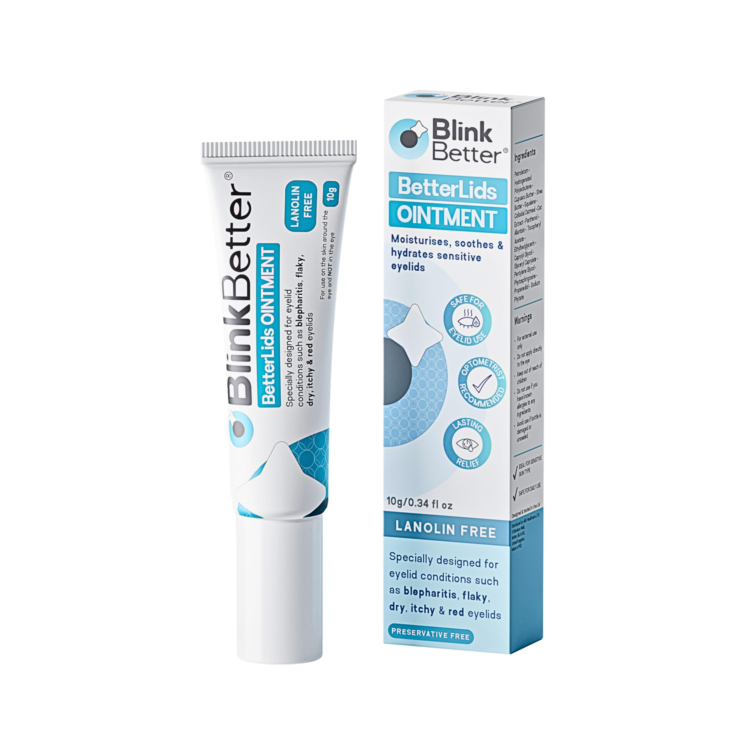 BlinkBetter 10g Lanolin-Free Eyelid Ointment tube for dry and sensitive eye areas.