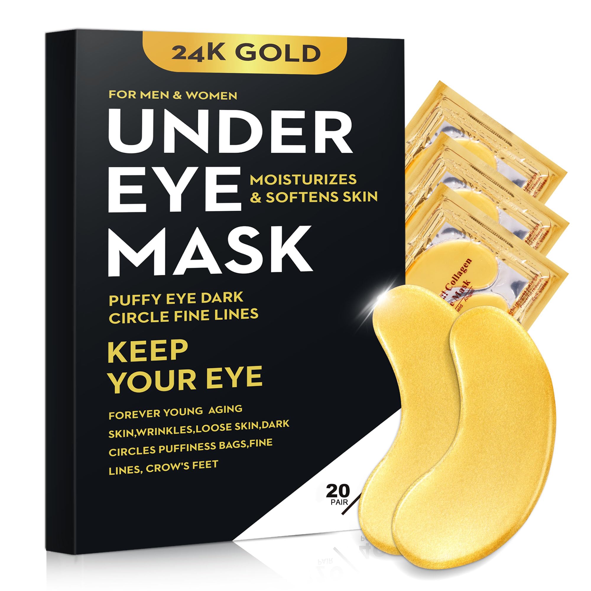Individual gold foil packaging of Bukamkom 24K gold eye patches, 20 pairs set for eye revitalizing.
