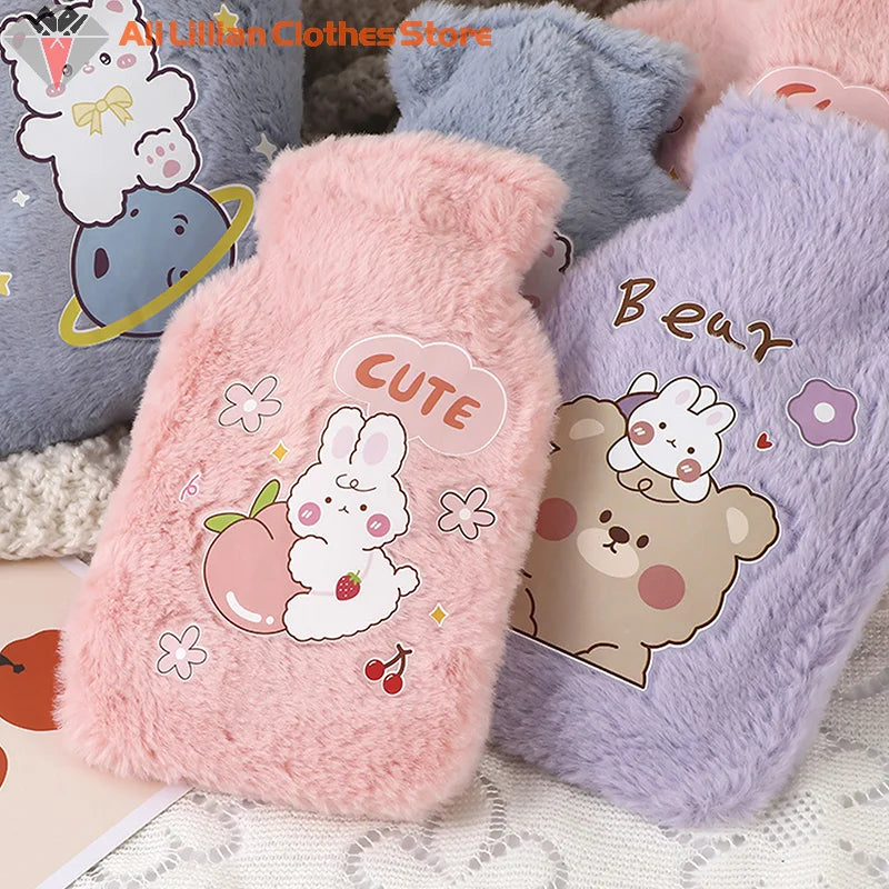 Two plush phone cases, one pink with a rabbit design and 'Cute' text, the other purple with a bear design and 'Bear' text, on a textured surface.