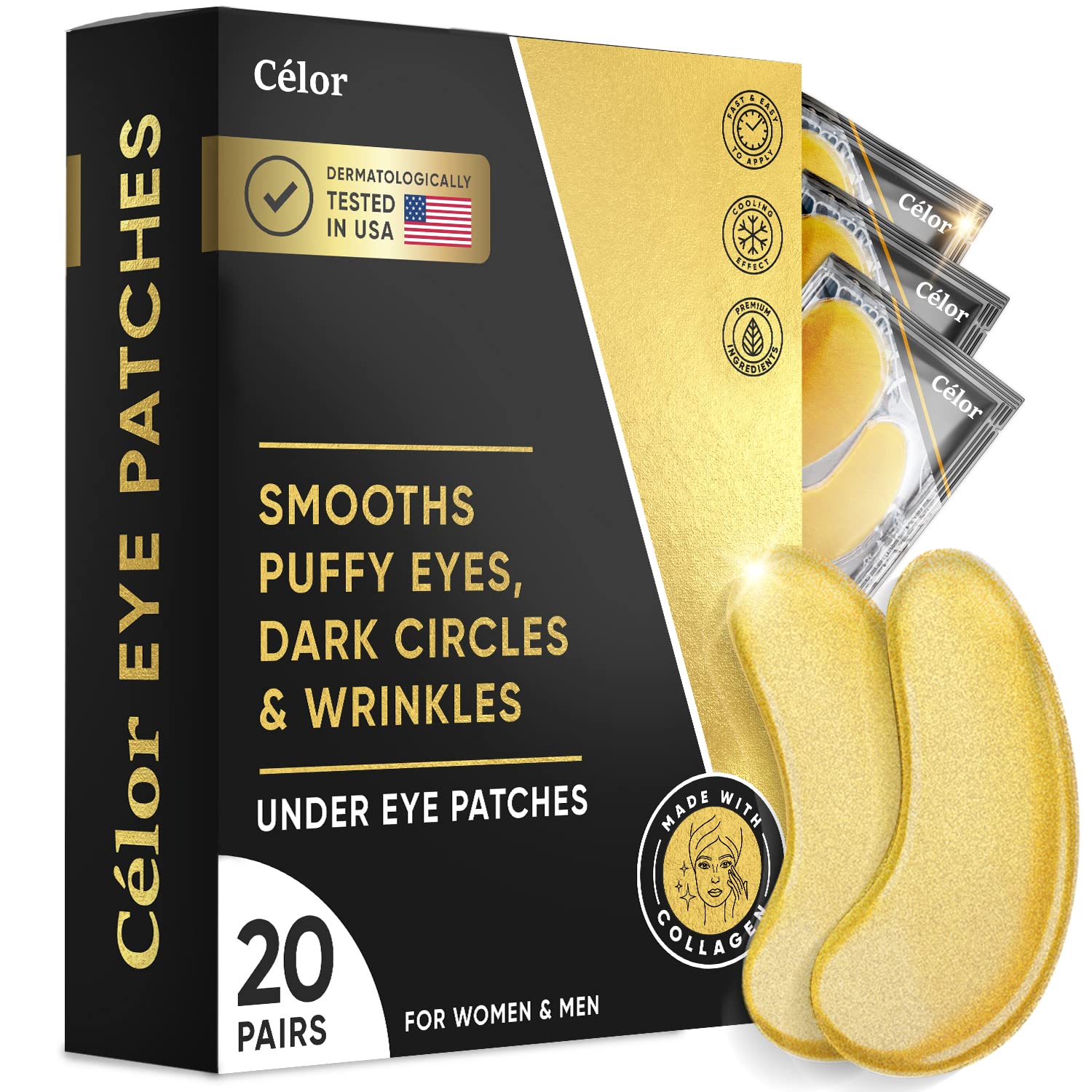 Celor Under Eye Patches 20-pair travel jar – gold hydrogel masks for quick eye refreshment.