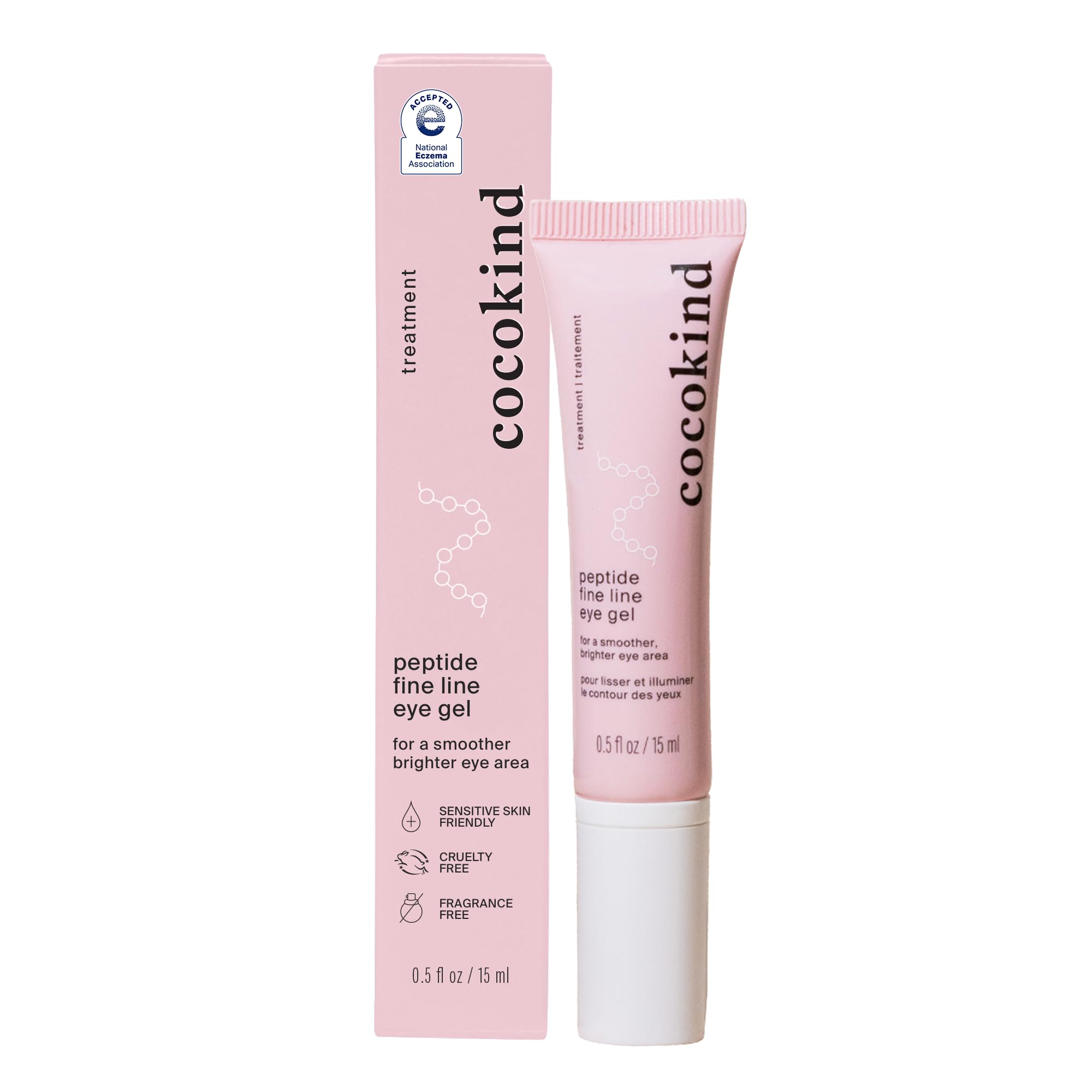 Cocokind Peptide Eye Gel tube with a cooling metal applicator, designed for soothing and treating the delicate under-eye area.