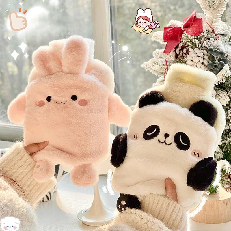 Two plush toys, one pink and one panda, held by hands with a Christmas tree in the background.