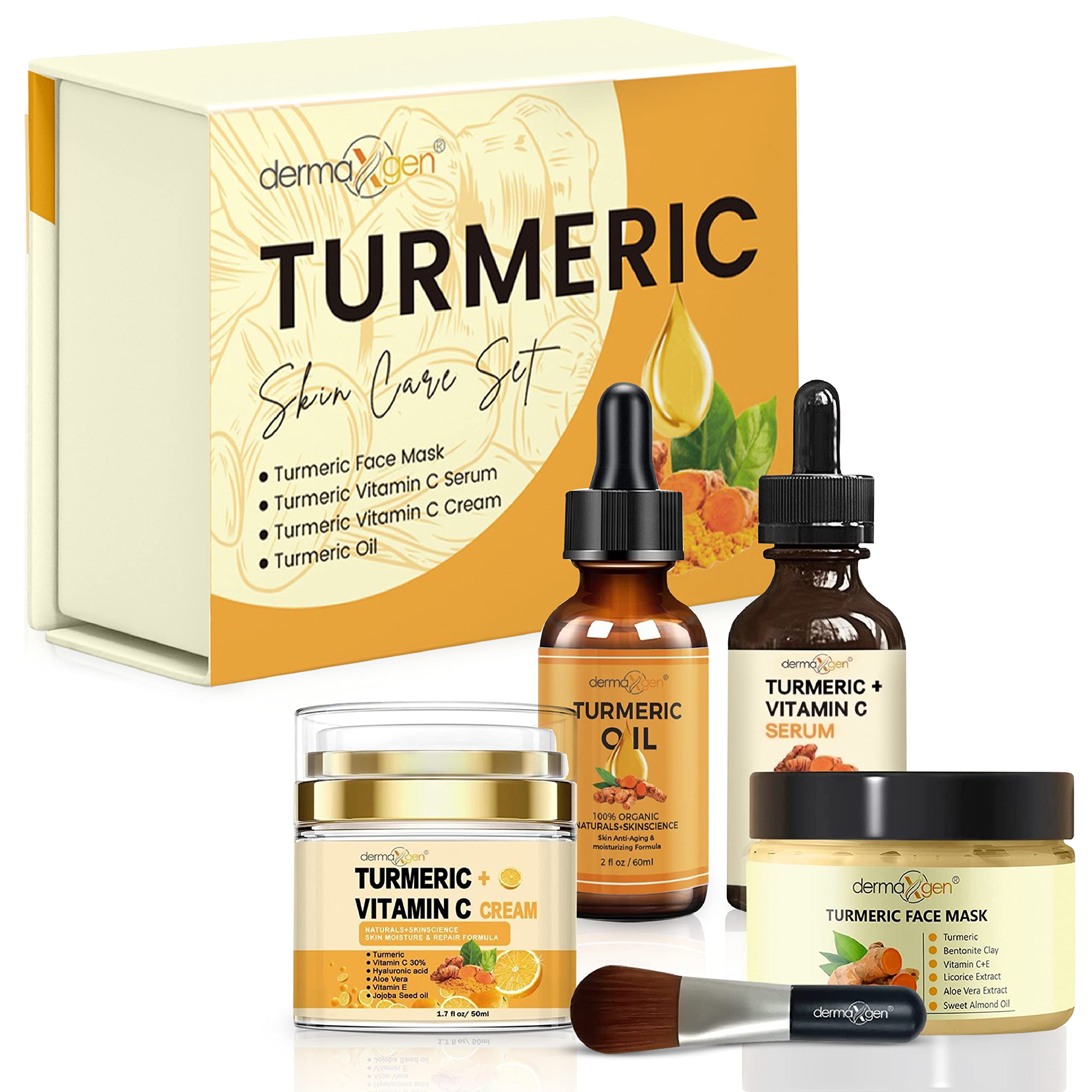 DERMAXGEN 4-piece Turmeric Complete Set including facial mask, serum, moisturizer, and cleanser for a clear, radiant complexion.