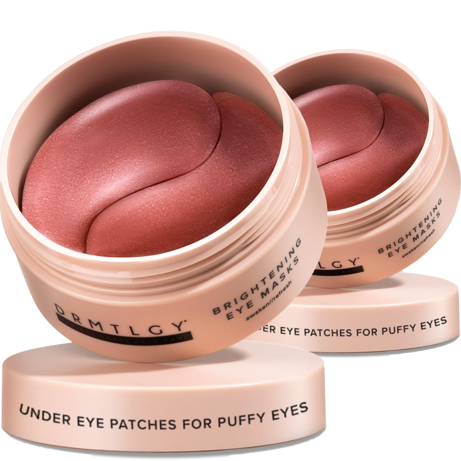 DRMTLGY Brightening Eye Masks 2-pack showing 120 biodegradable hydrogel patches with Caffeine and Peptides.