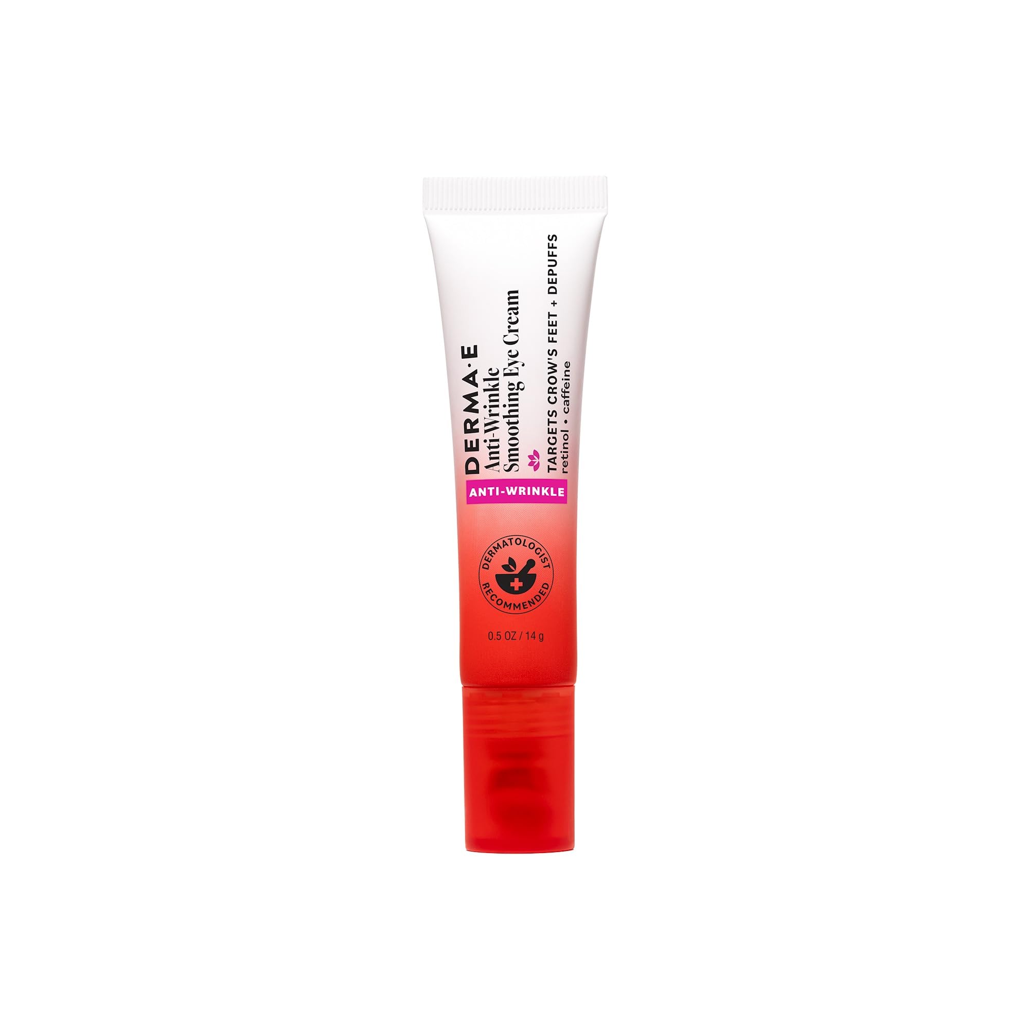Derma E Anti-Wrinkle Smoothing Eye Cream tube with a metal cooling tip for easy application and reducing under-eye puffiness.