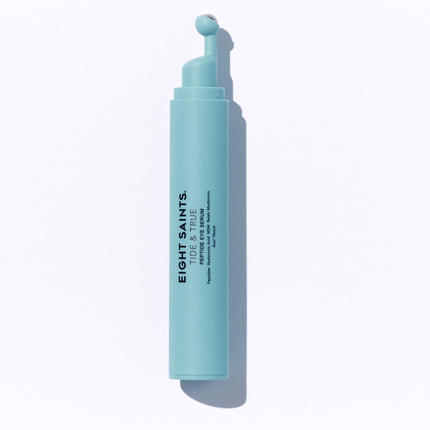 Eight Saints Tide & True Peptide Eye Serum bottle with a cooling metal roller ball applicator.
