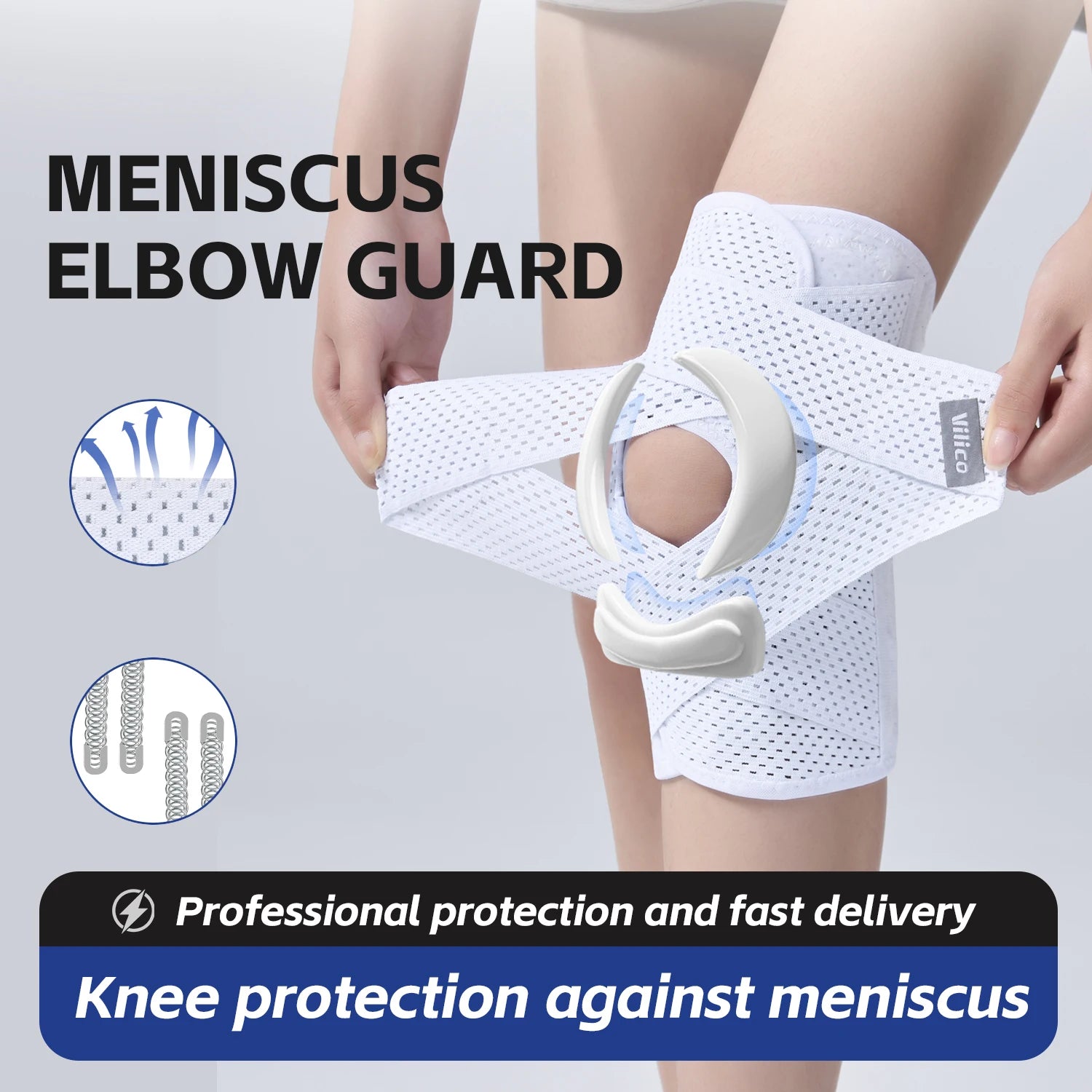 Meniscus elbow guard being worn on a person's arm with text and icons indicating features.